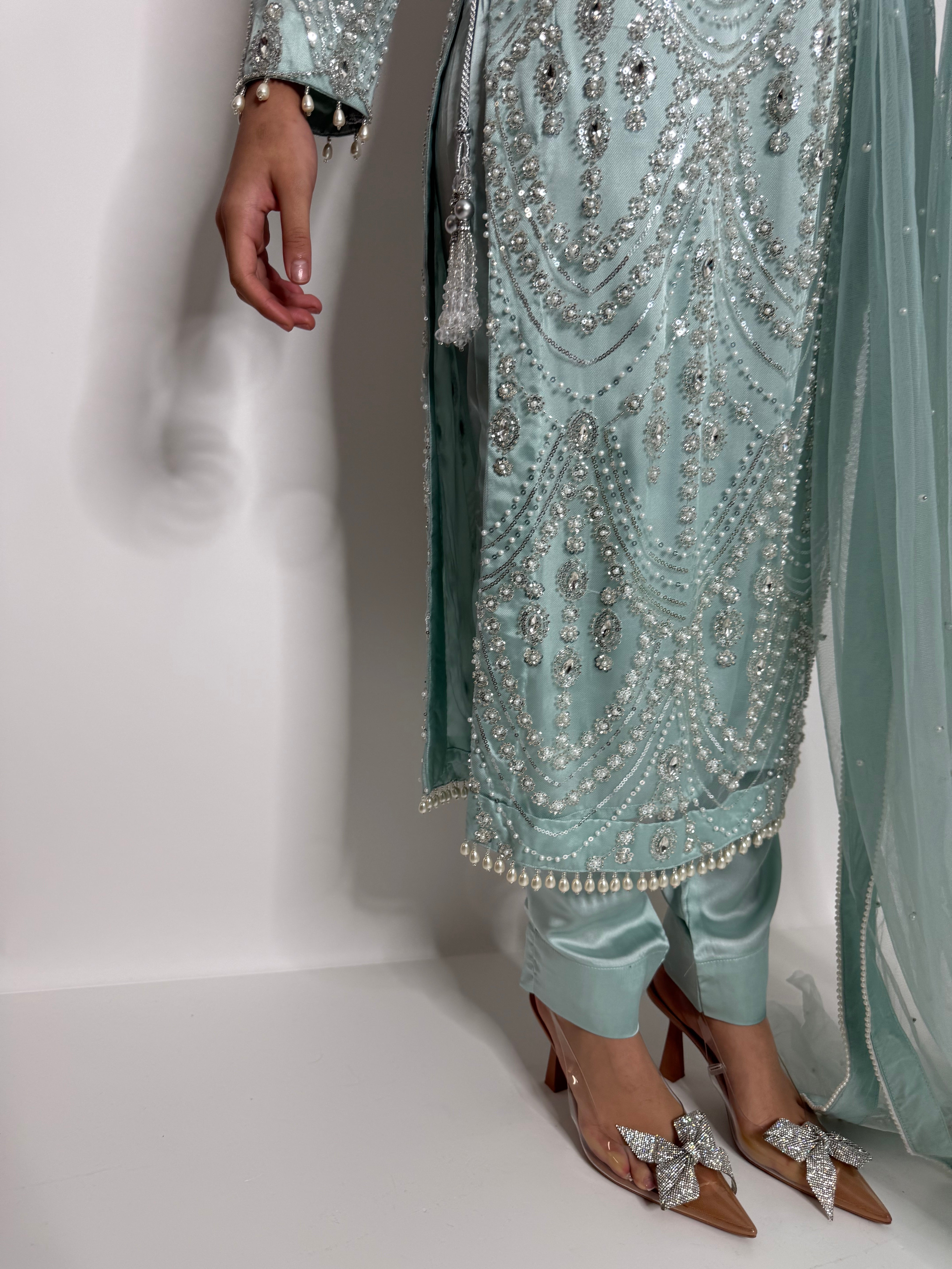Celadon Cutdana Three Piece Suit UK | The Ismeria
