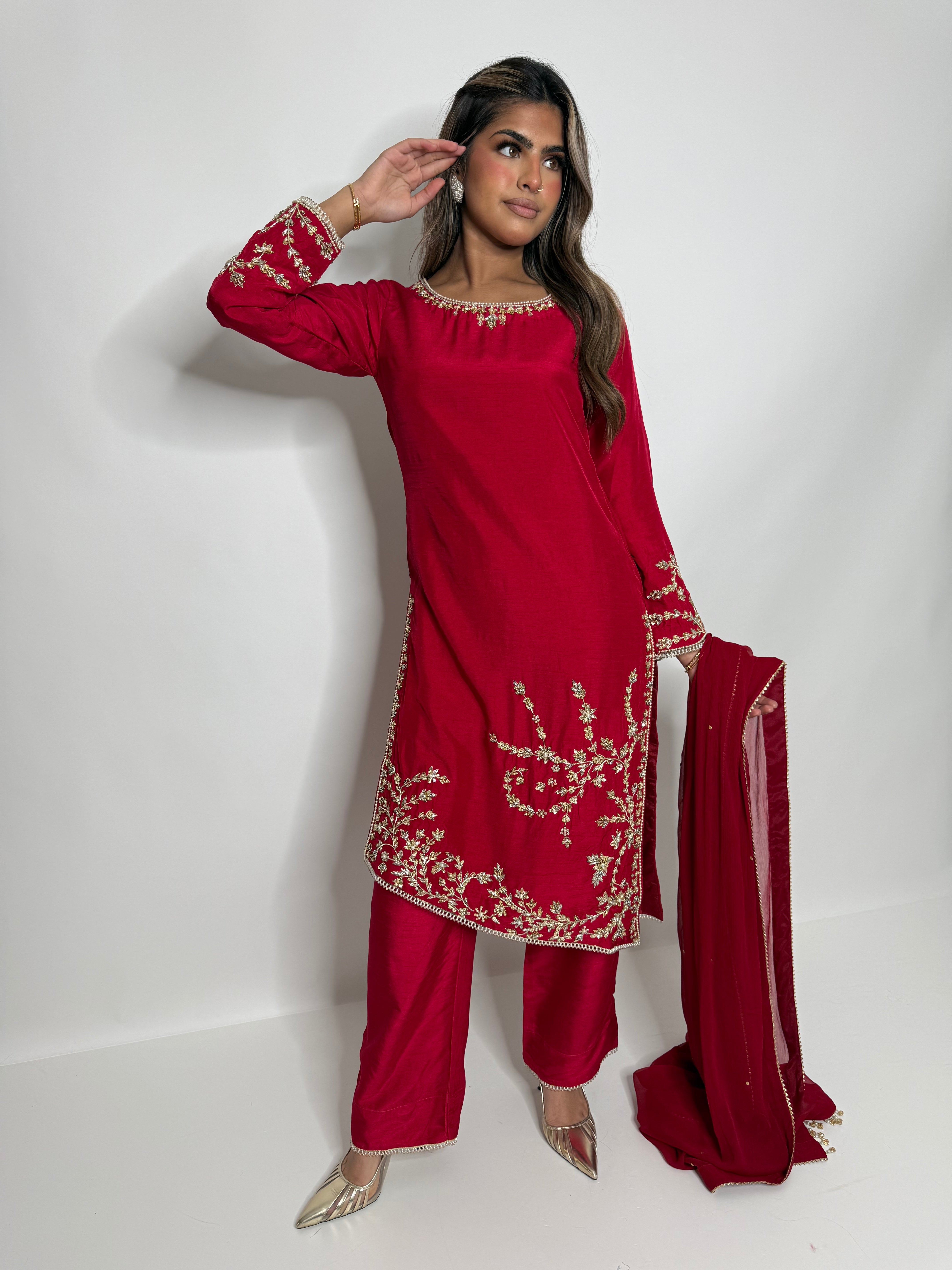 CRIMSON SILK ASYMMETRICAL THREE PIECE SUIT UK | THE SERAPHINA