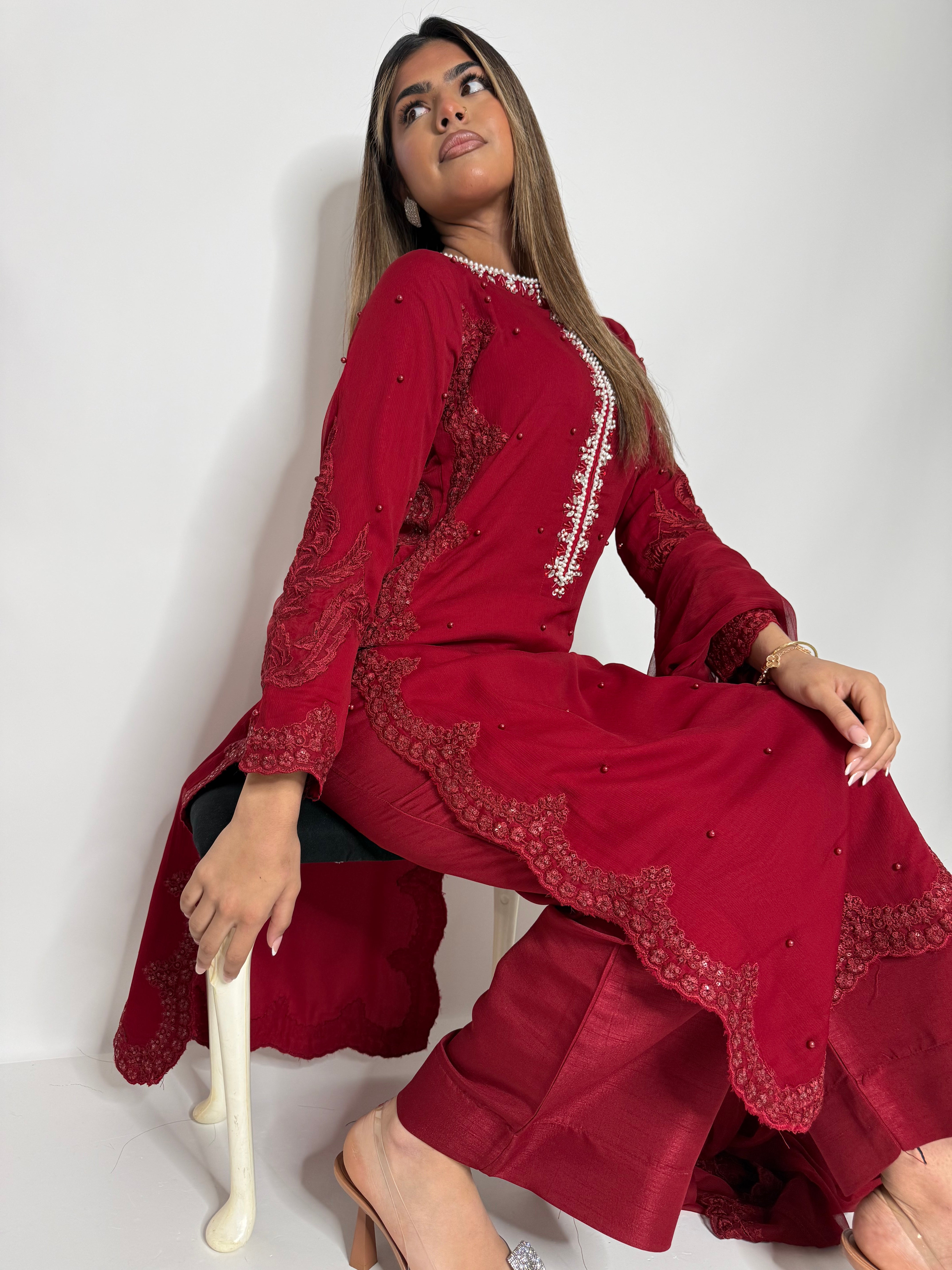 RED EMBROIDERED THREE PIECE SUIT UK | THE AMARA RUE