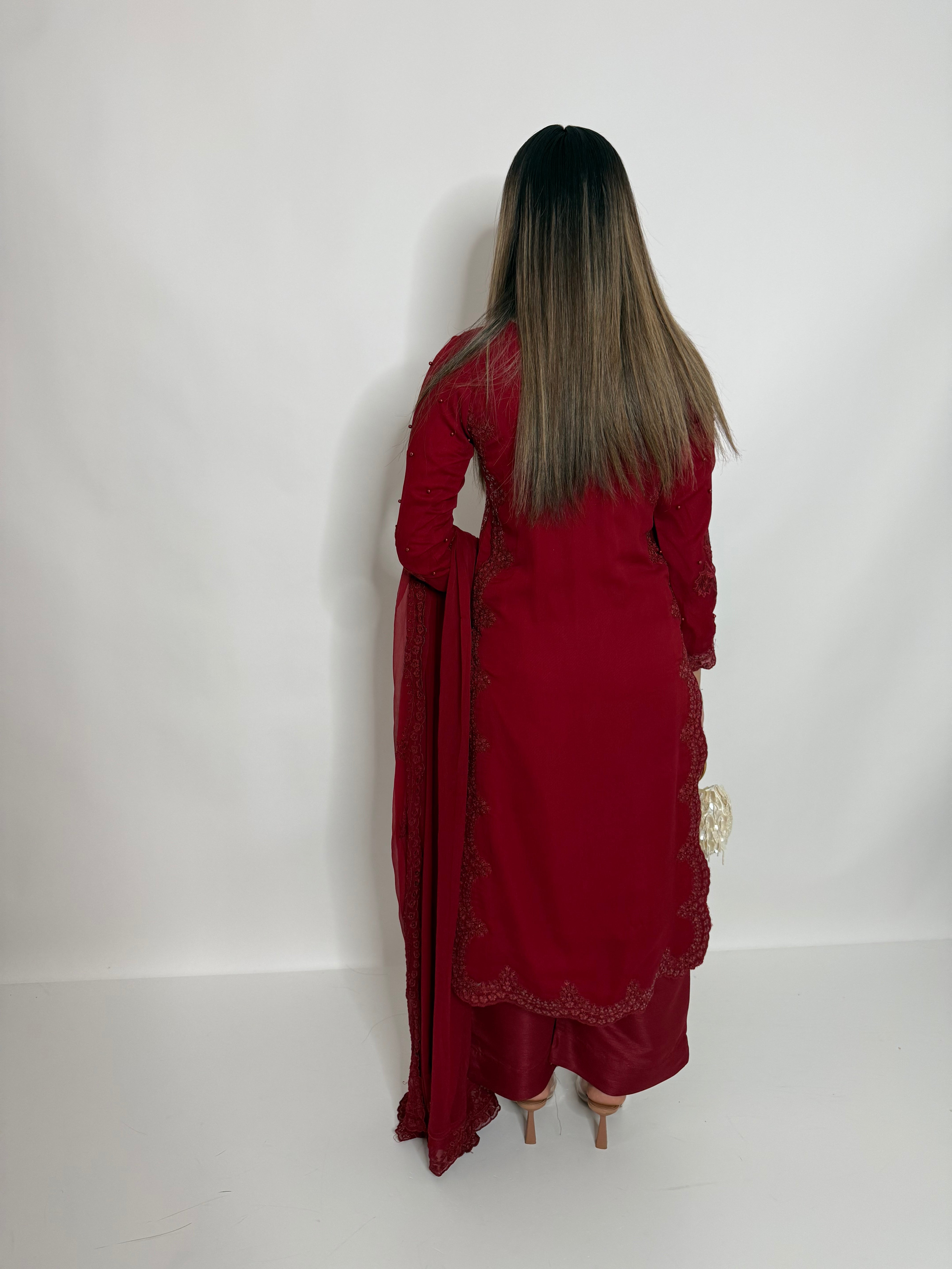 RED EMBROIDERED THREE PIECE SUIT UK | THE AMARA RUE