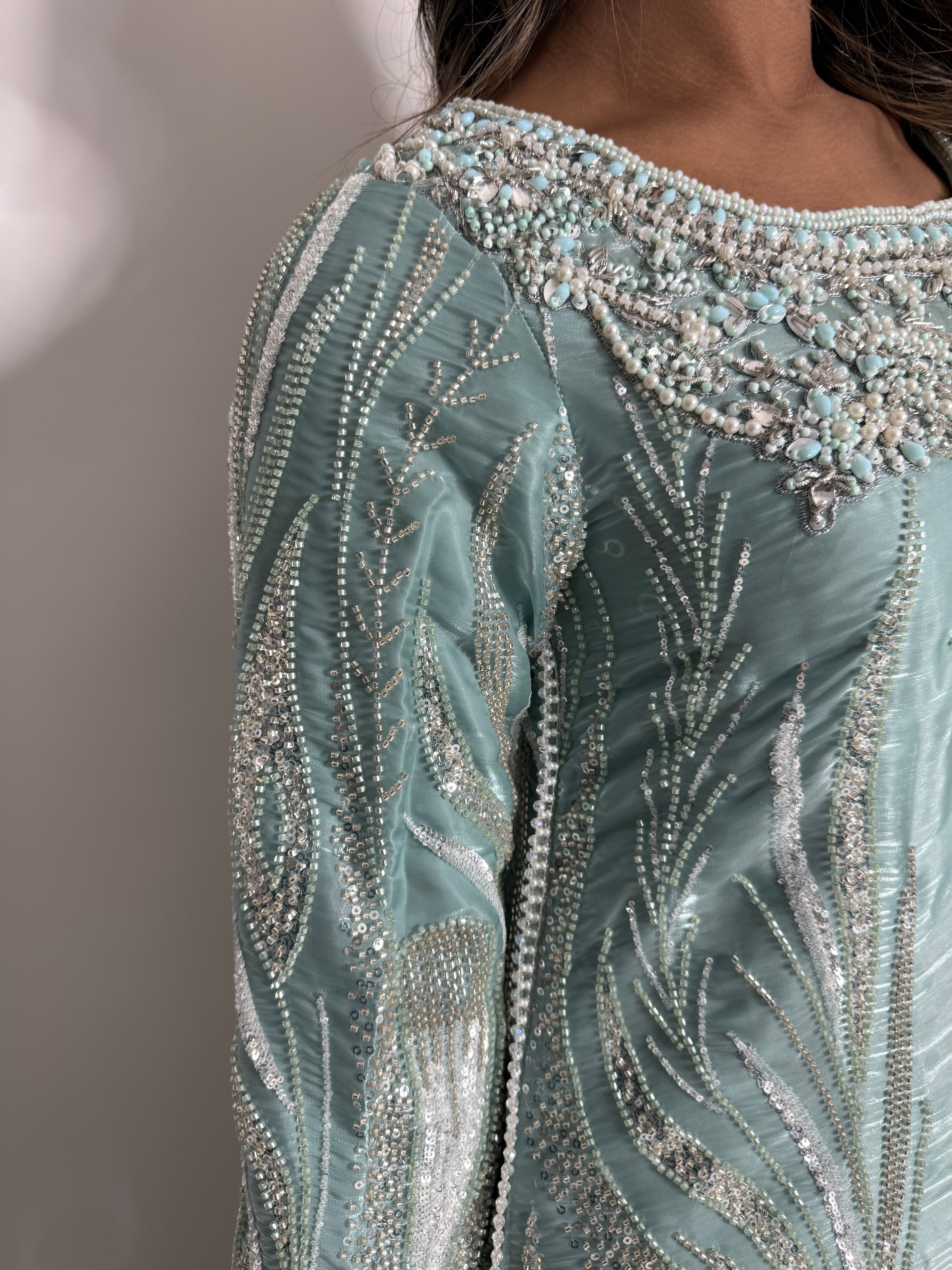 MINT SILK CUTDANA EMBROIDERED SHARARA SUIT UK | THE KAIA MIRETH
