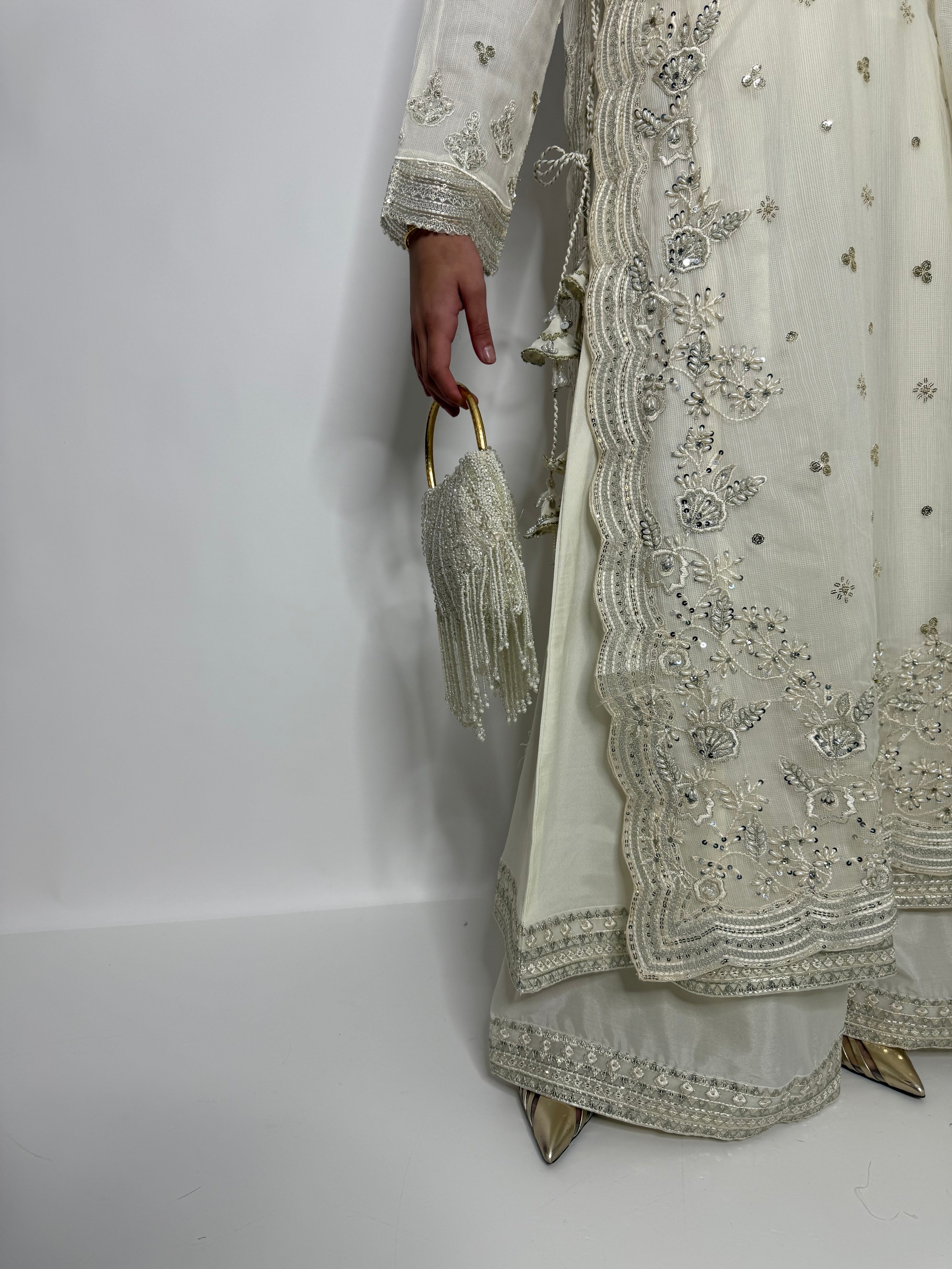 IVORY KHADI NET EMBROIDERED THREE PIECE SUIT UK | THE LYSANDRA