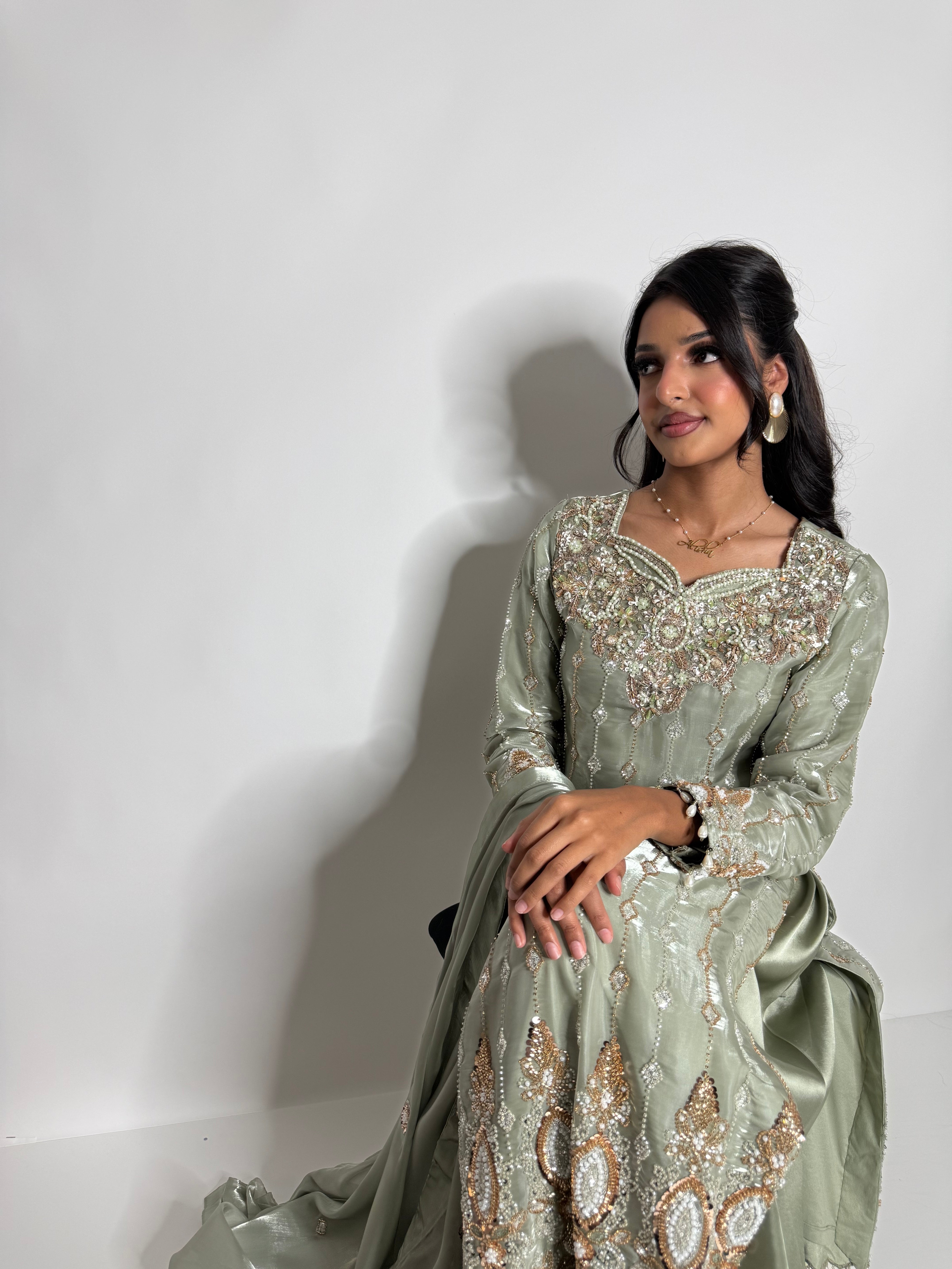 MAHZABIN | Sage Silk Sharara with Cutdana Embroidery