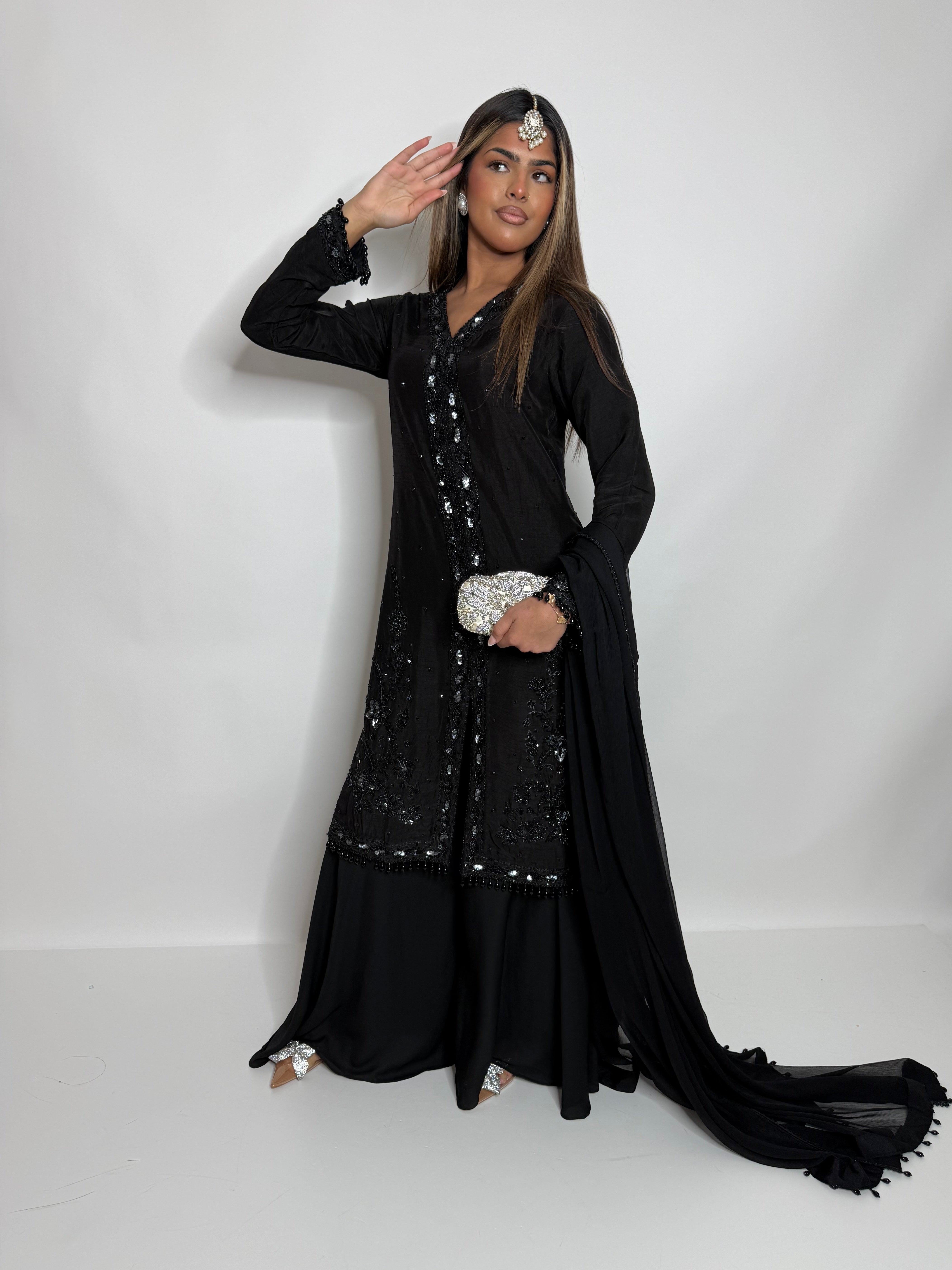 BLACK EMBELLISHED CHIFFON SHARARA THREE PIECE SUIT UK | THE NOIRÉLLE