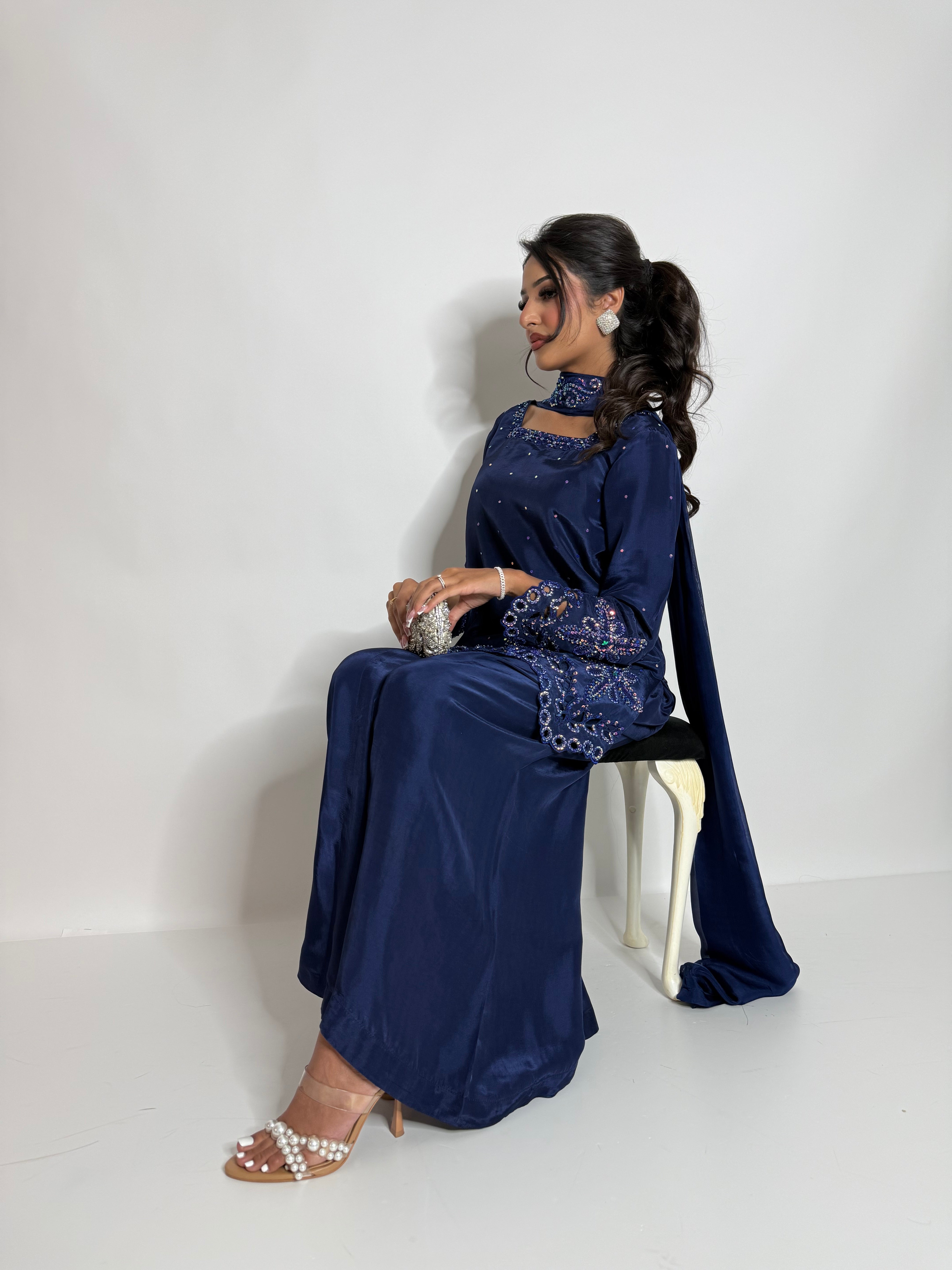 ZARMINA | Luxury Pakistani Navy Silk Sharara Suit UK | Wedding Guest, Eid & Formal Occasion Wear