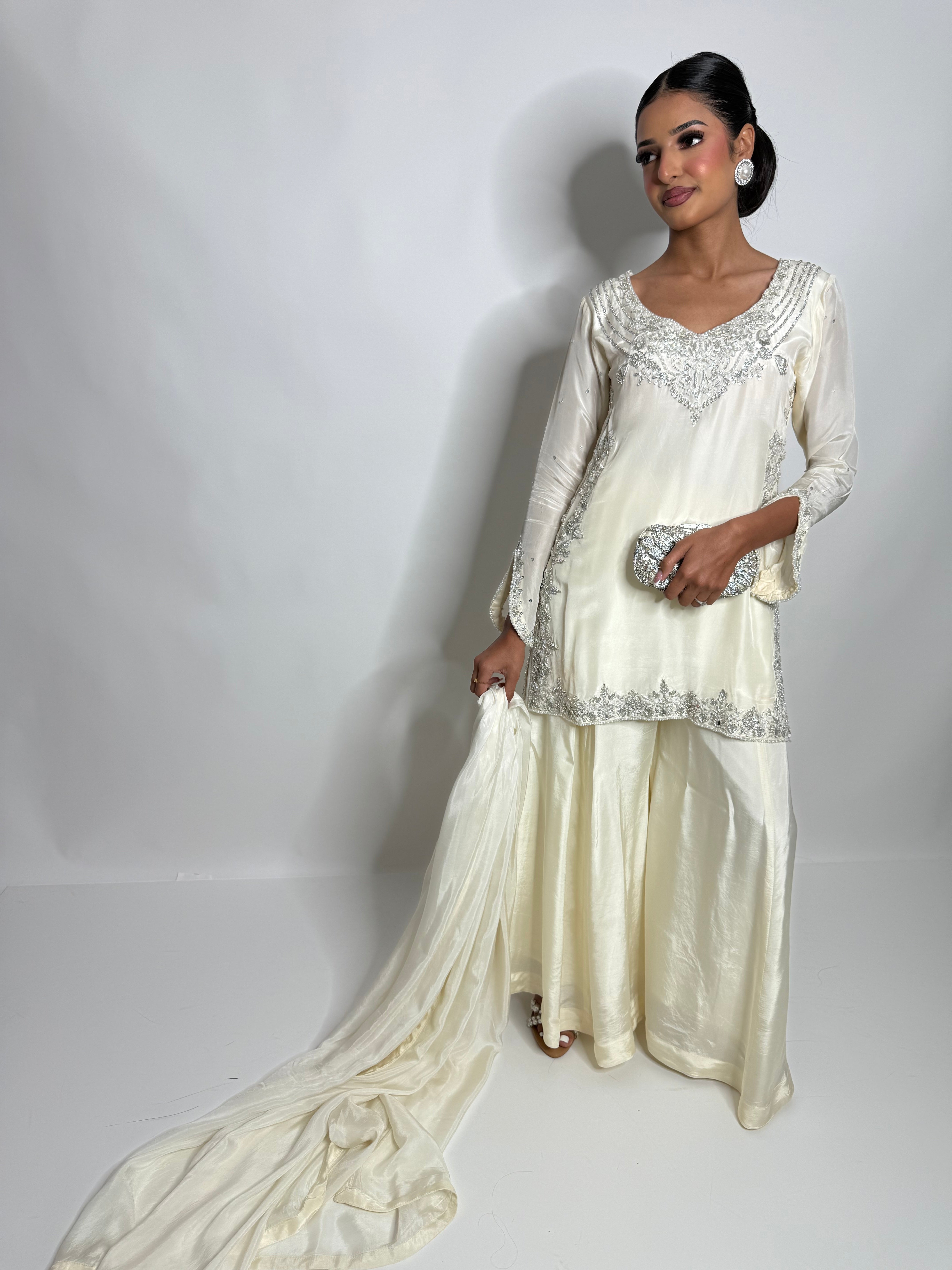 Elira | Luxury Pakistani Ivory Silk Sharara Suit UK | Y2K Wedding Guest Outfit