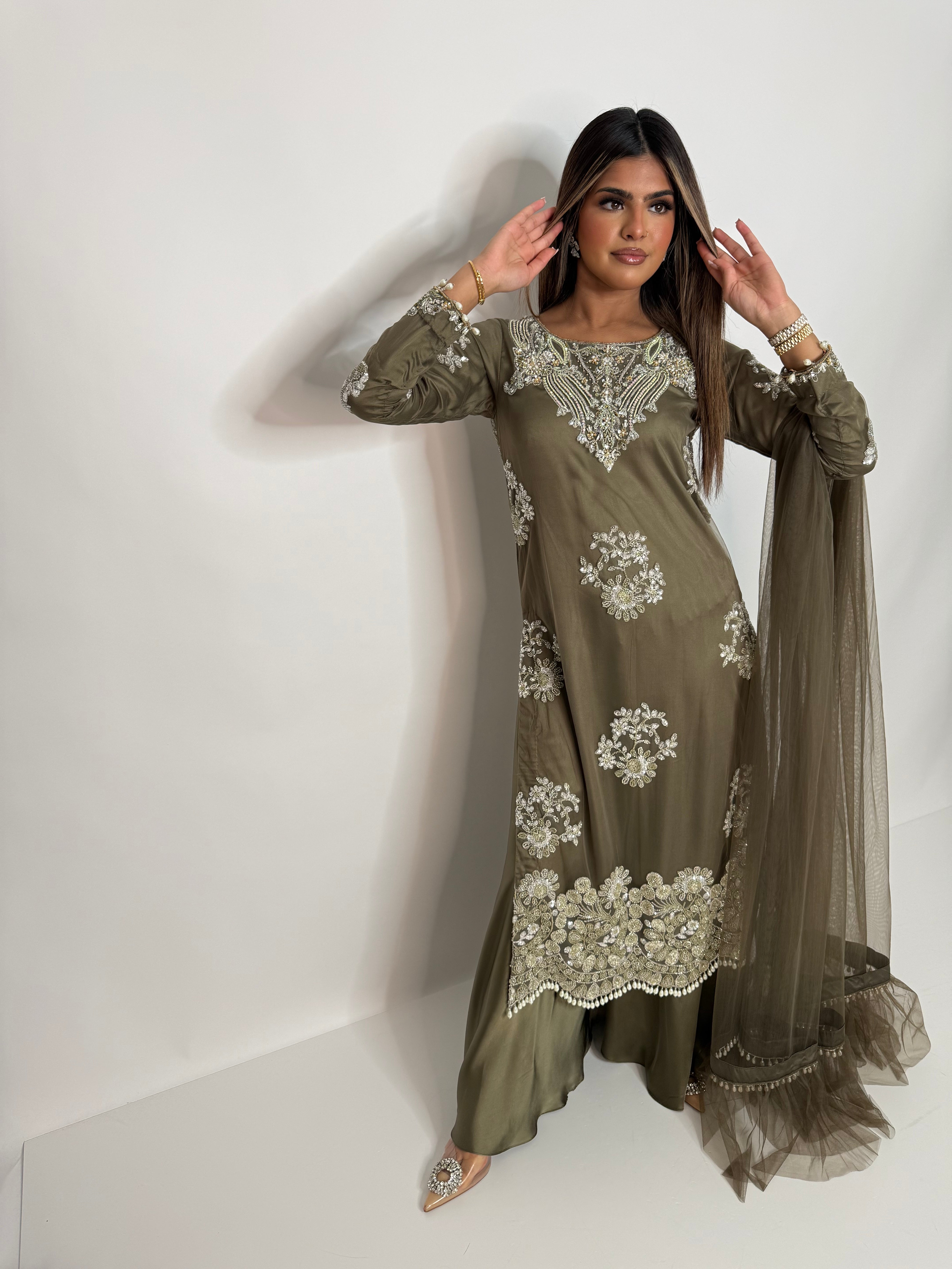 Olive Luxe Embroidered Sharara Suit UK | The Arlisse