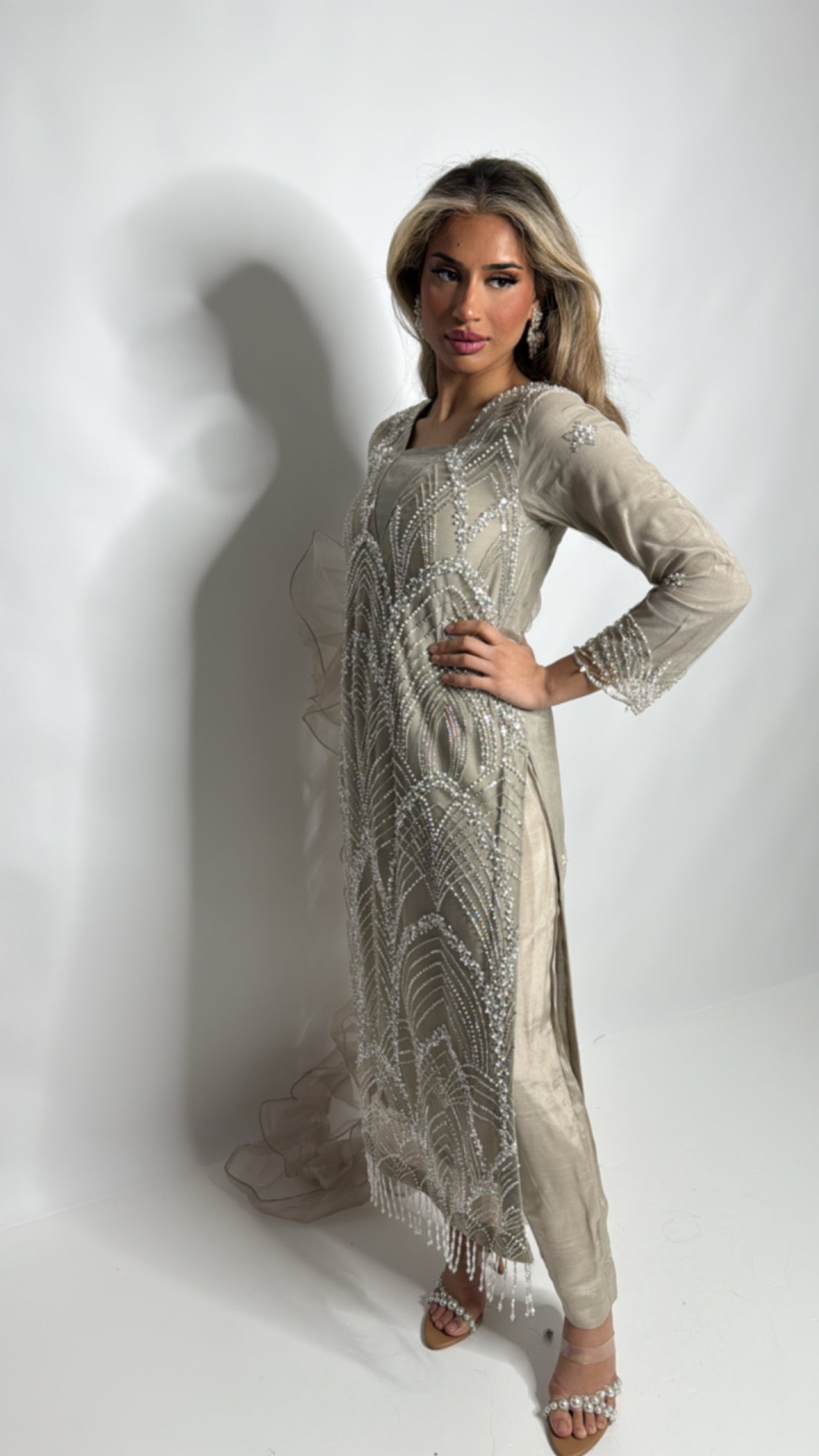 Silver Taupe Pearl Embellished Three Piece Suit UK | The Ameliyana Heirloom
