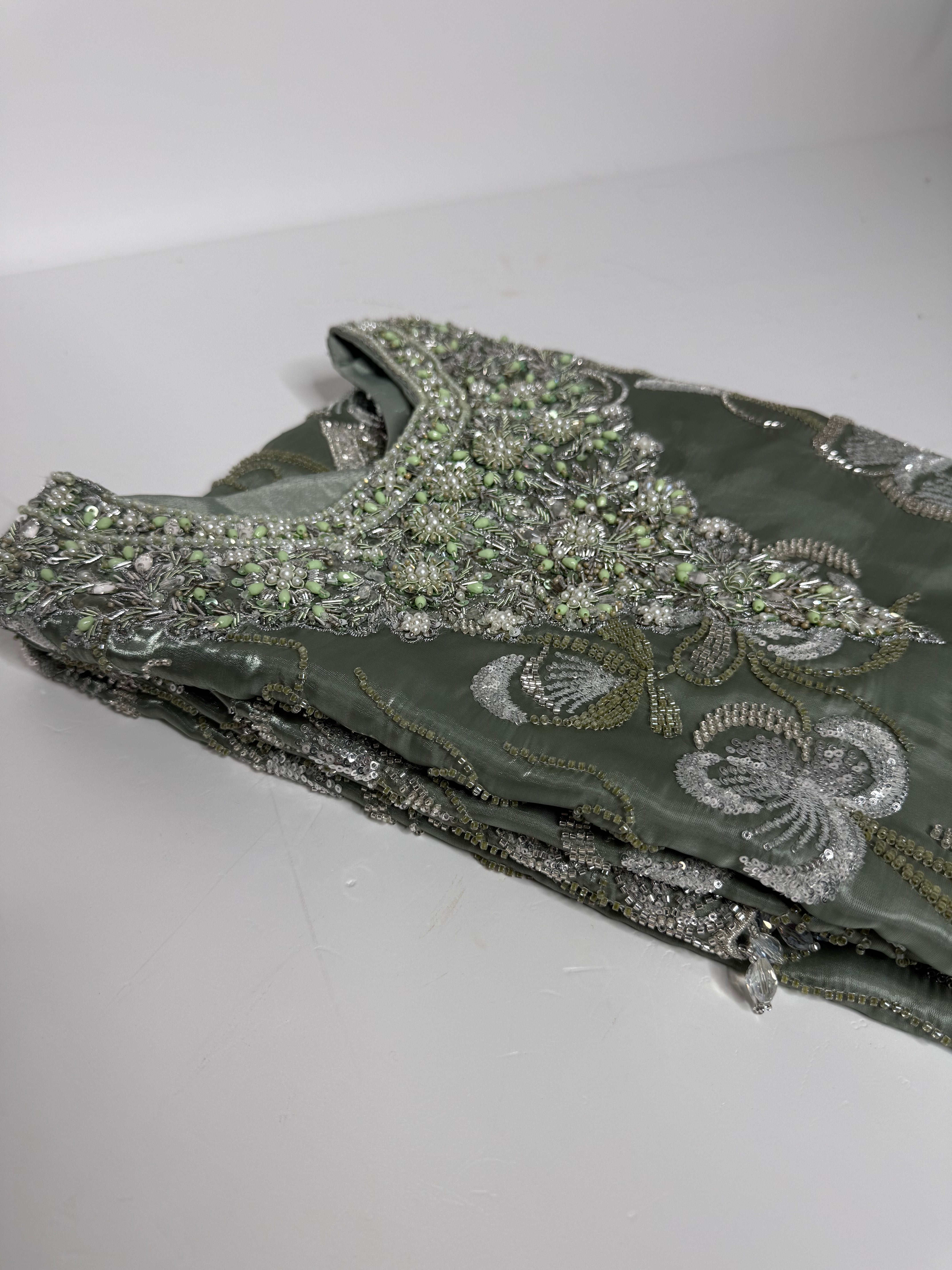 SAGE GREEN SILK CUTDANA THREE PIECE SUIT UK | THE LYSENNE