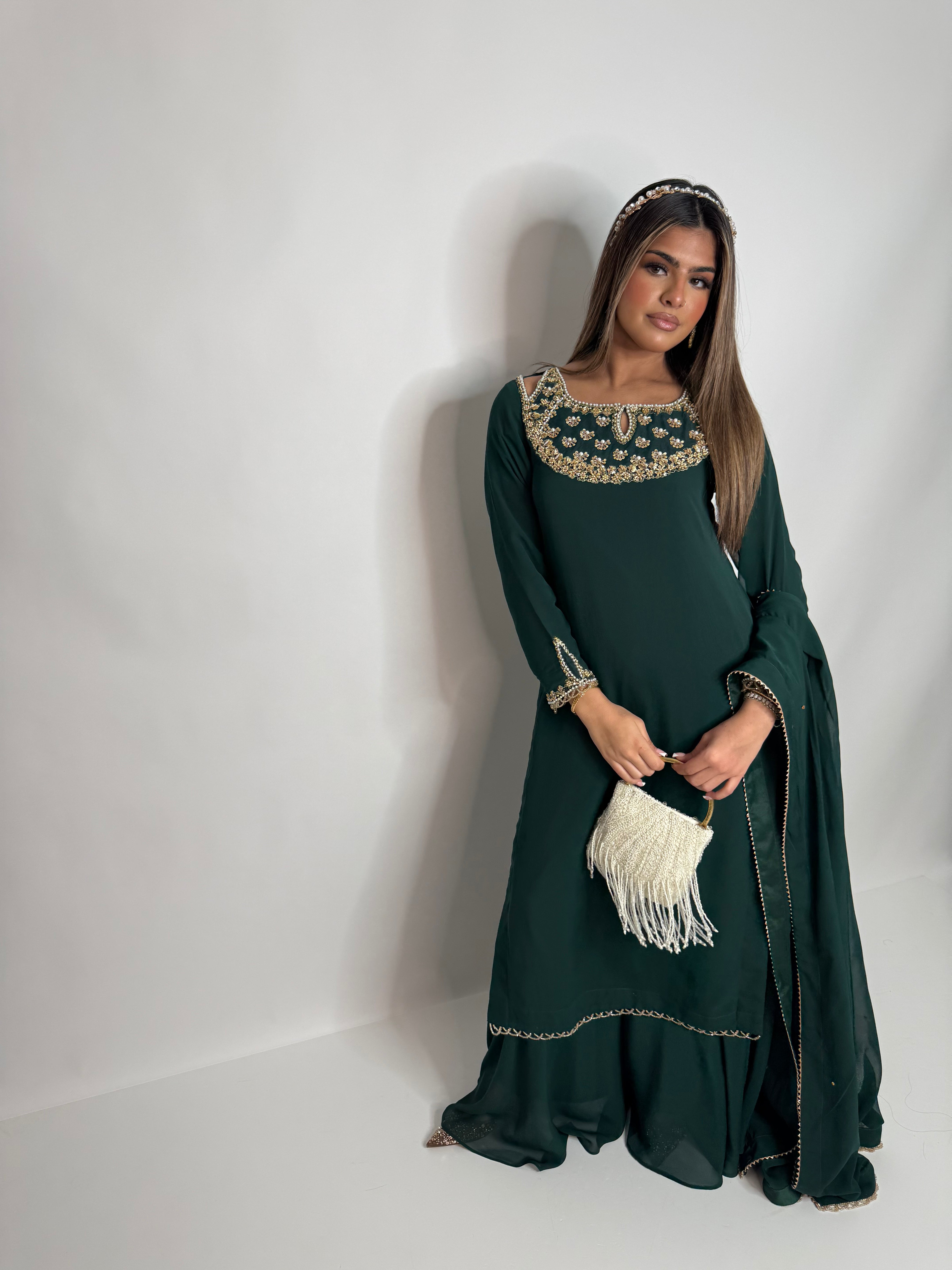 Emerald Chiffon Sharara Three Piece Suit UK | The Kaelisse