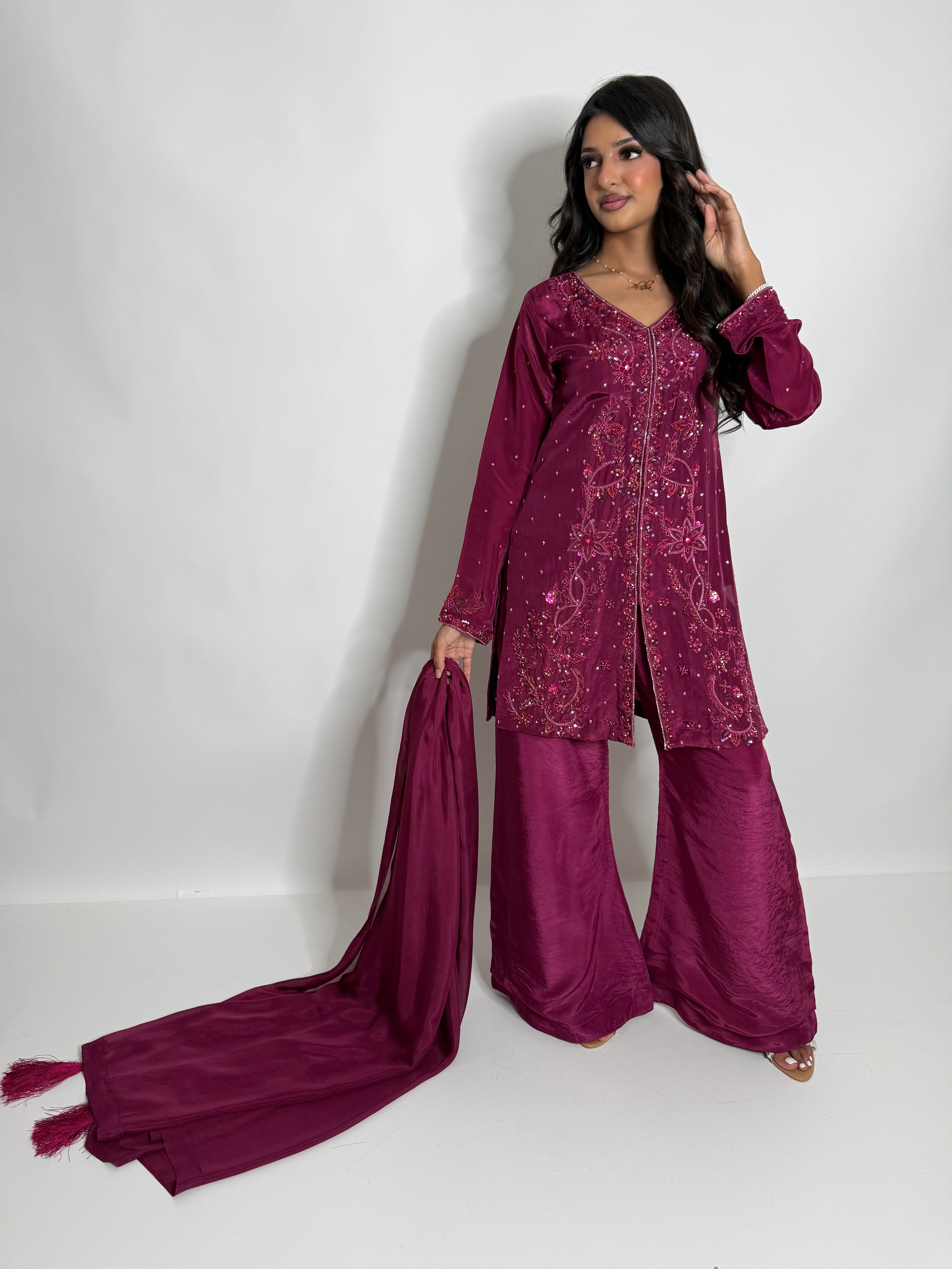 Mahveen | Luxury Pakistani Magenta Silk Sharara Suit UK | Hand Embroidered Wedding Guest & Eid Occasion Wear