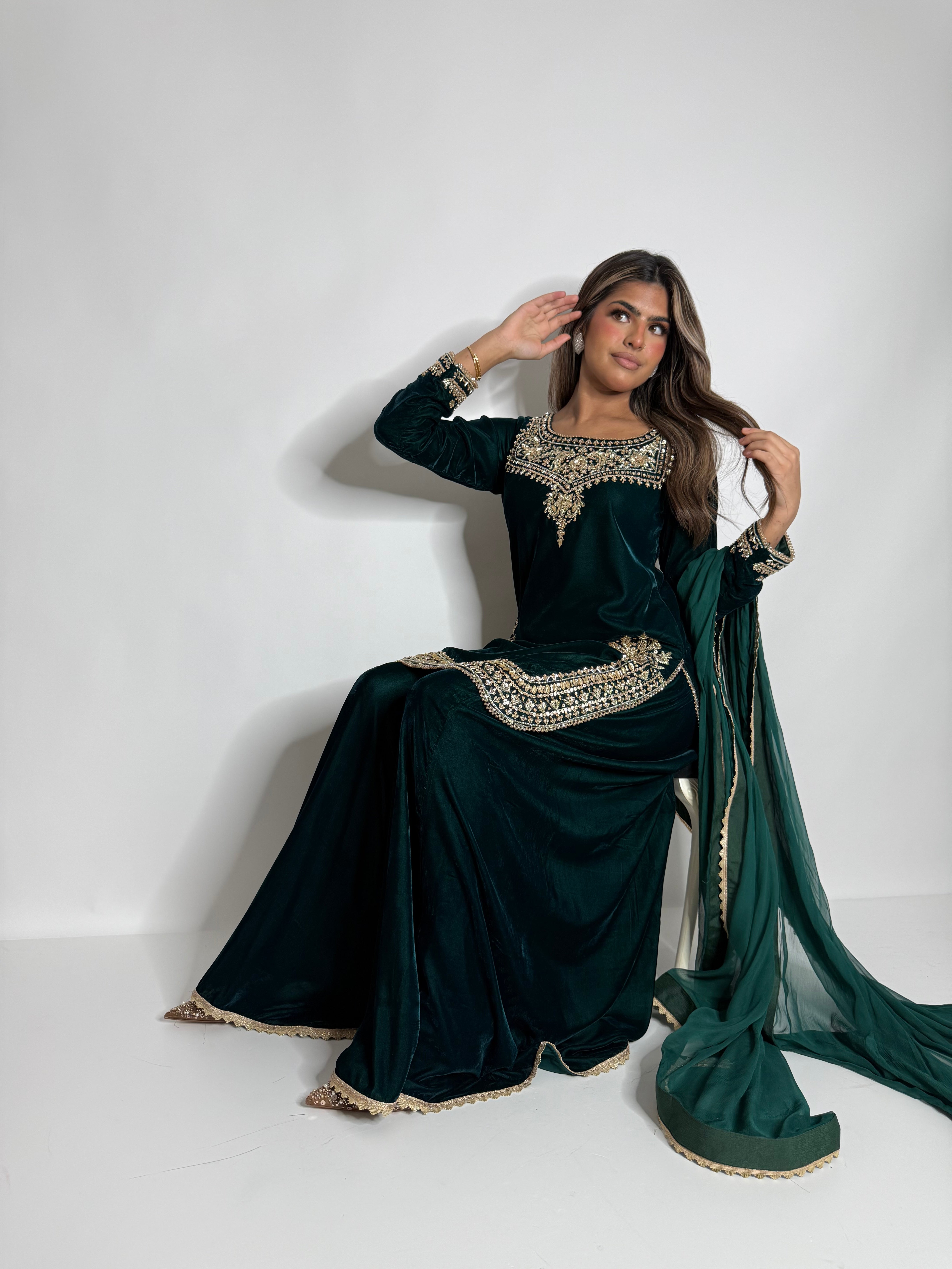 EMERALD MICRO VELVET SHARARA THREE PIECE SUIT UK | THE VARELLA