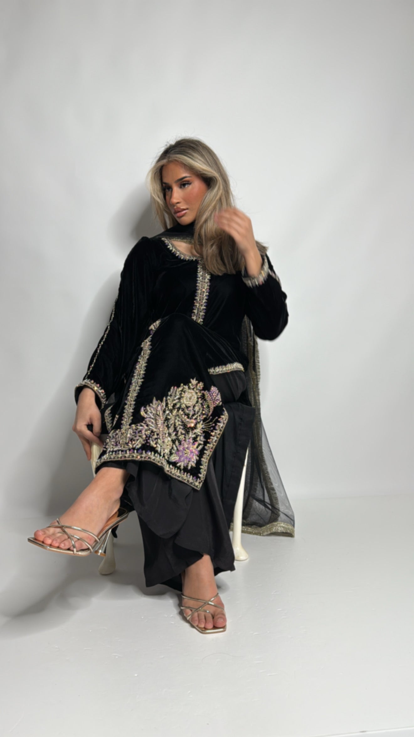 Black Velvet Embroidered Three Piece Suit UK | Midnight Zareen
