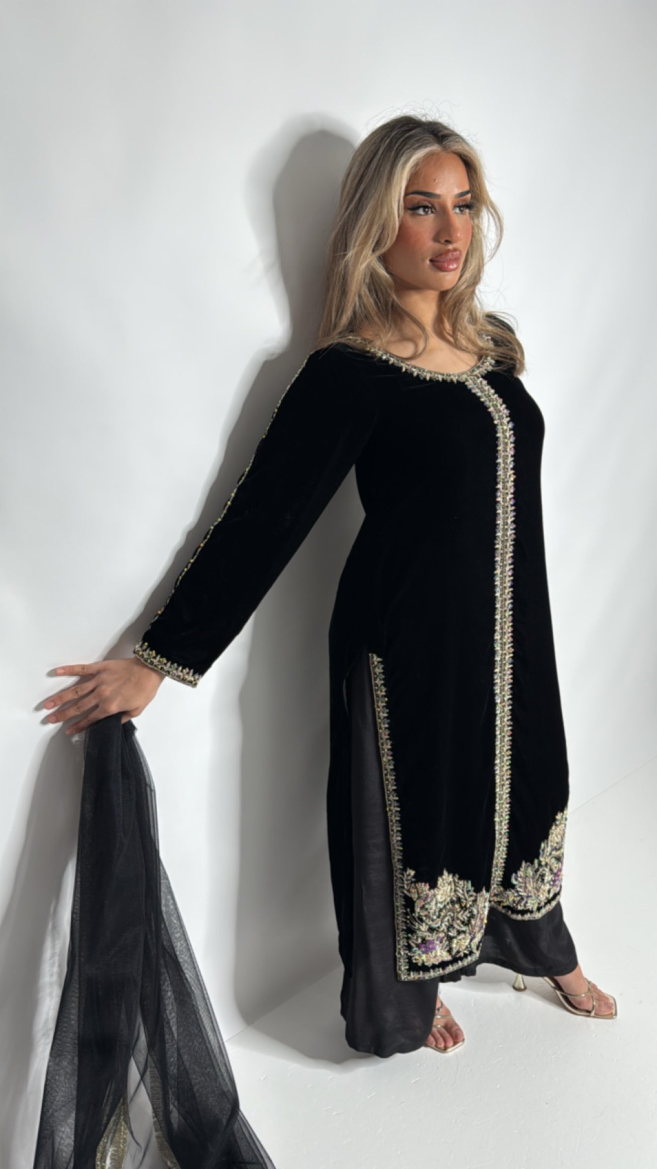 Black Velvet Embroidered Three Piece Suit UK | Midnight Zareen