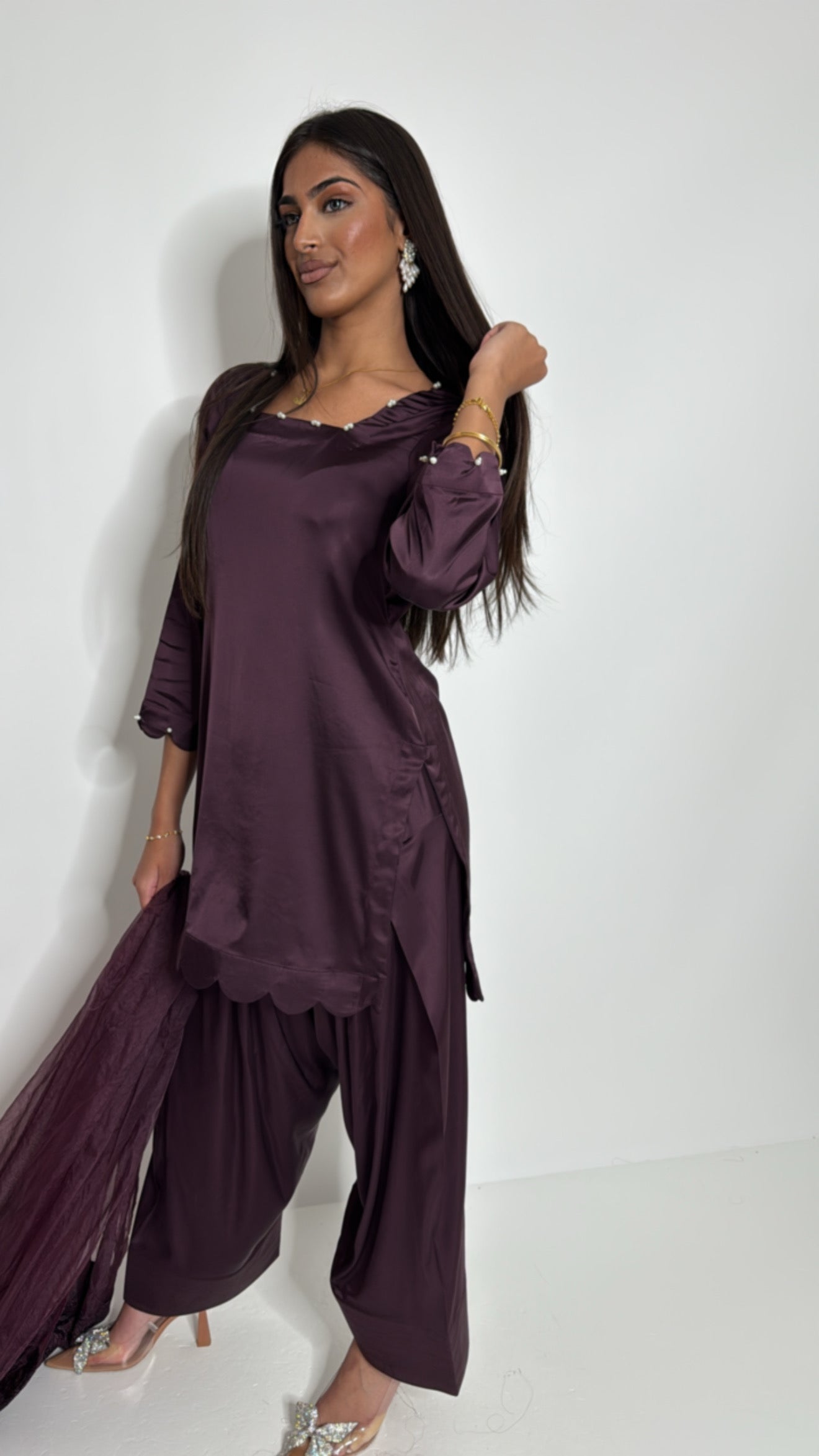 Veloura Plum | Silk Farshi Kameez Set (3 Piece)
