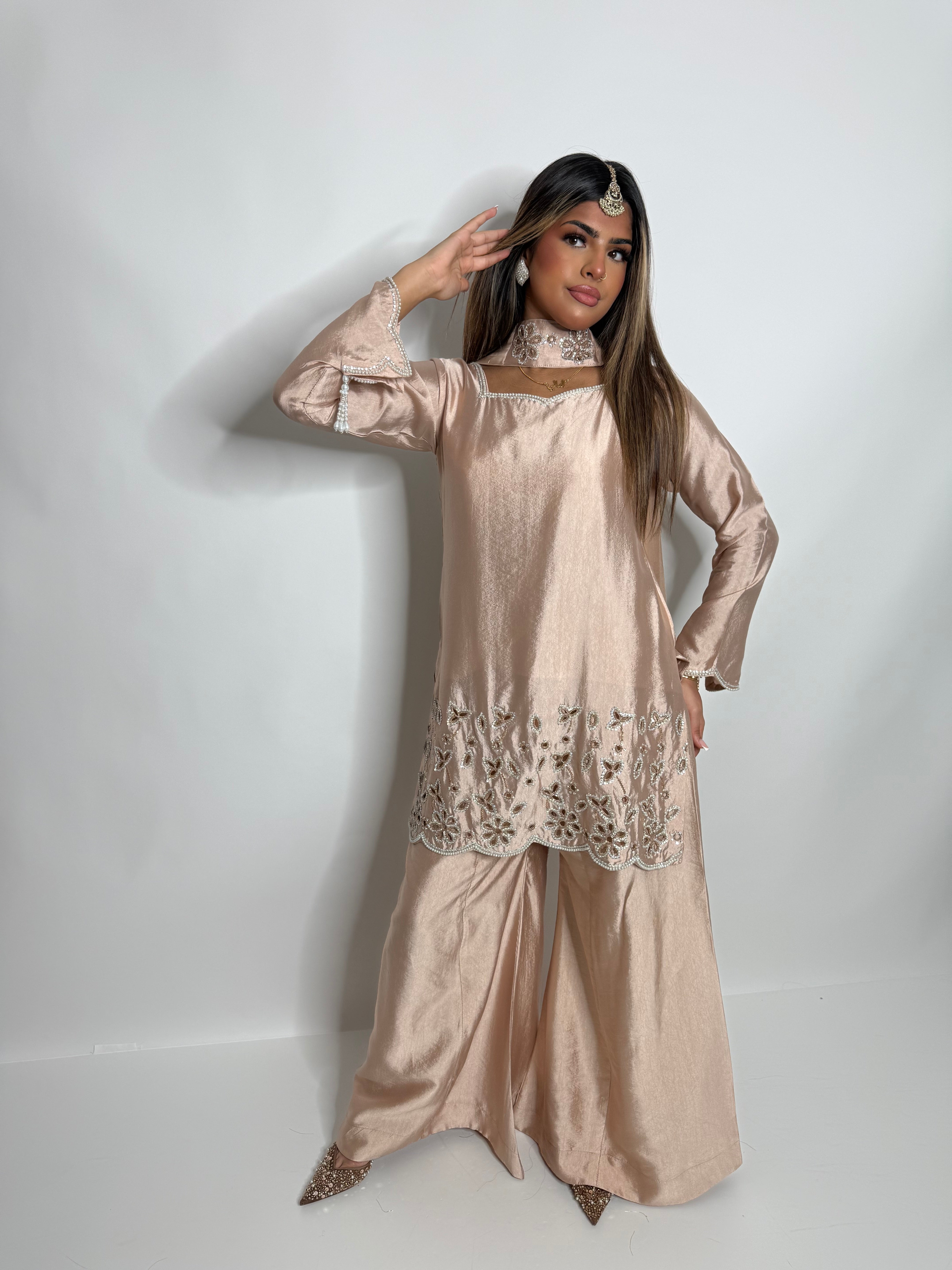 Zehra-Noor | Luxury Pakistani Blush Silk Sharara Suit UK | Y2K Wedding Guest & Eid Occasion Wear