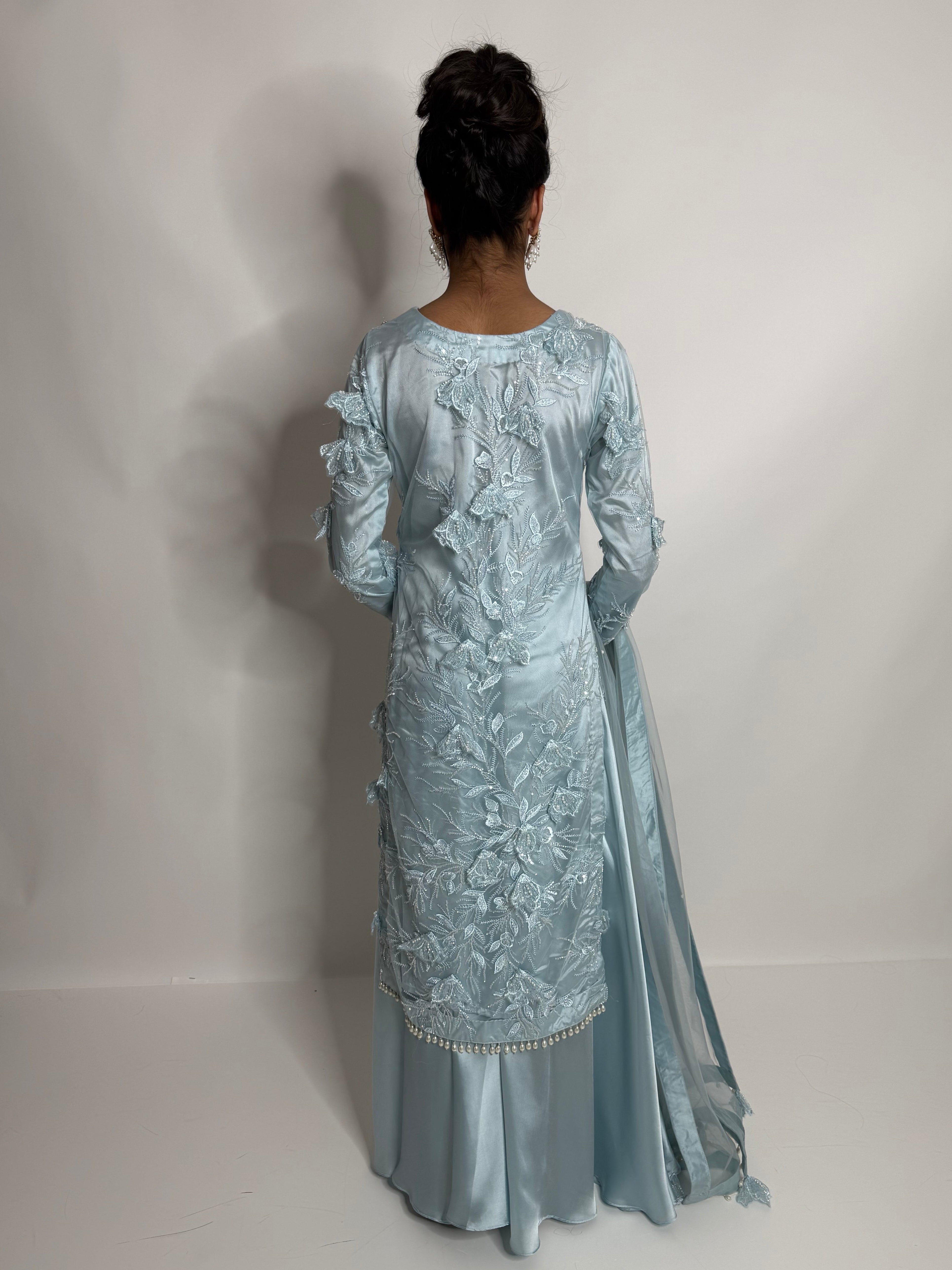 Azurielle | Luxury Pakistani Ice Blue Silk Sharara Suit UK | Wedding Guest & Eid Occasion Wear