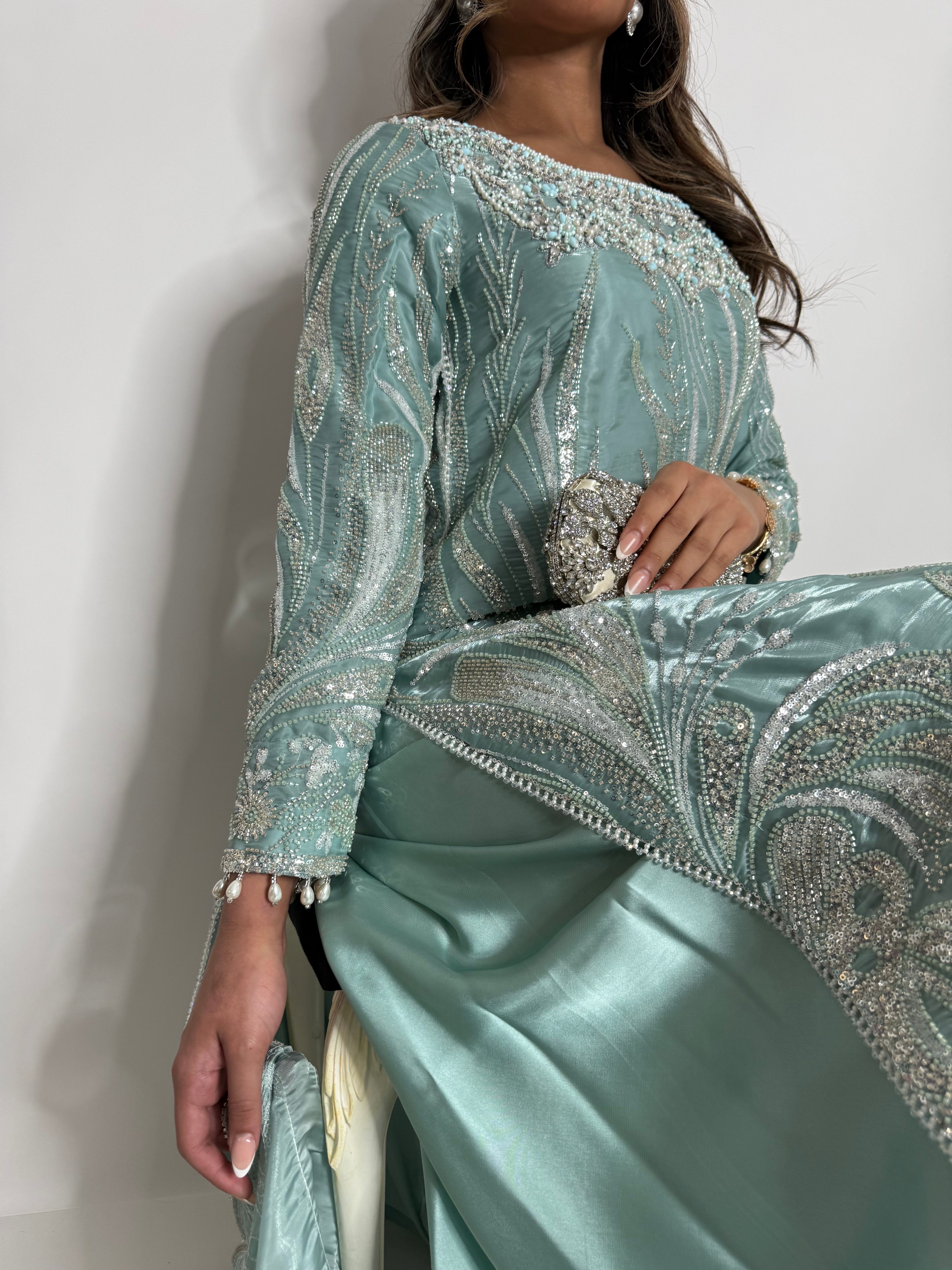 MINT SILK CUTDANA EMBROIDERED SHARARA SUIT UK | THE KAIA MIRETH