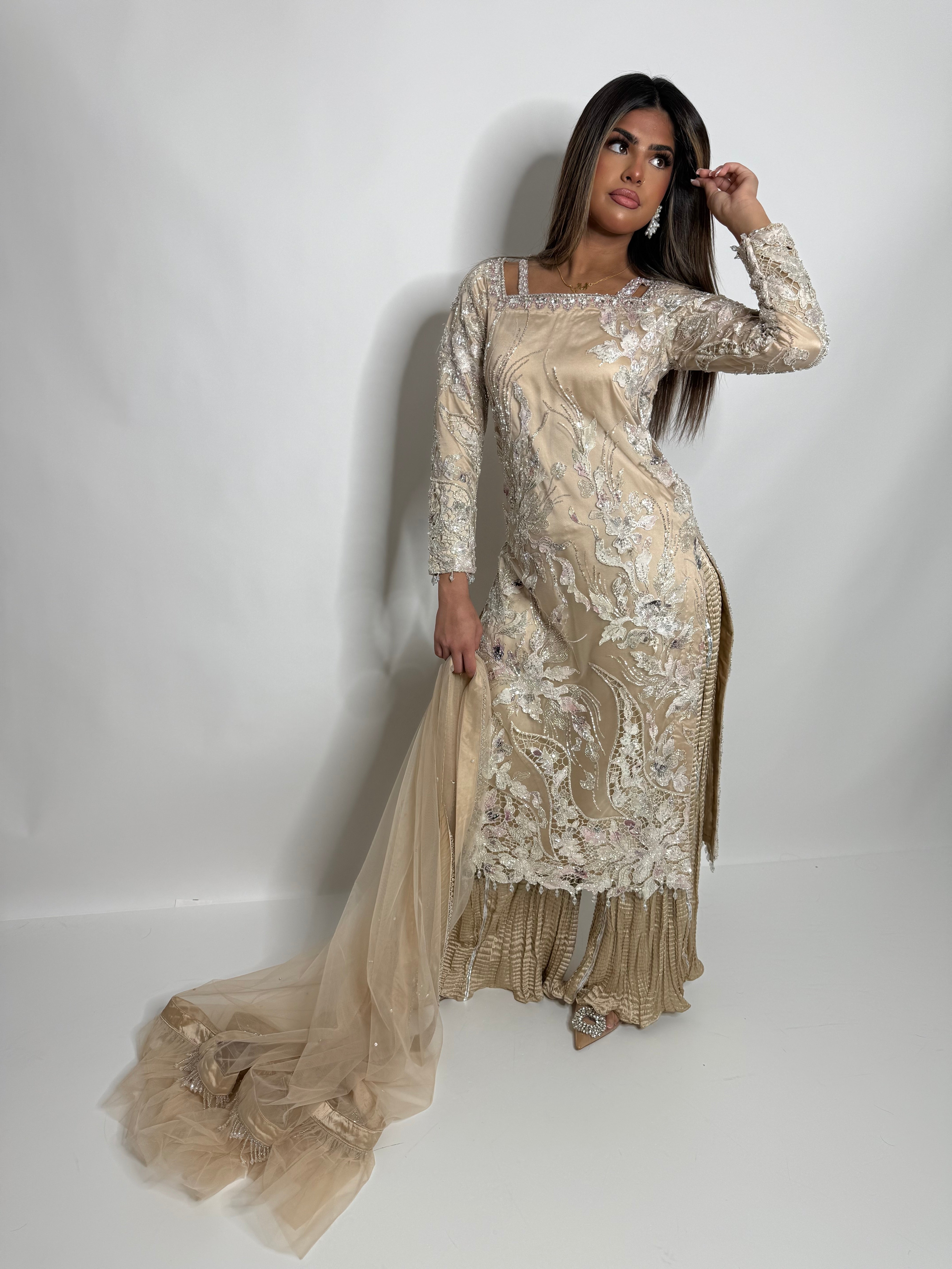 Zarqash | Luxury Pakistani Champagne Cutdana Sharara Suit UK | Wedding Guest, Nikkah & Eid Occasion Wear