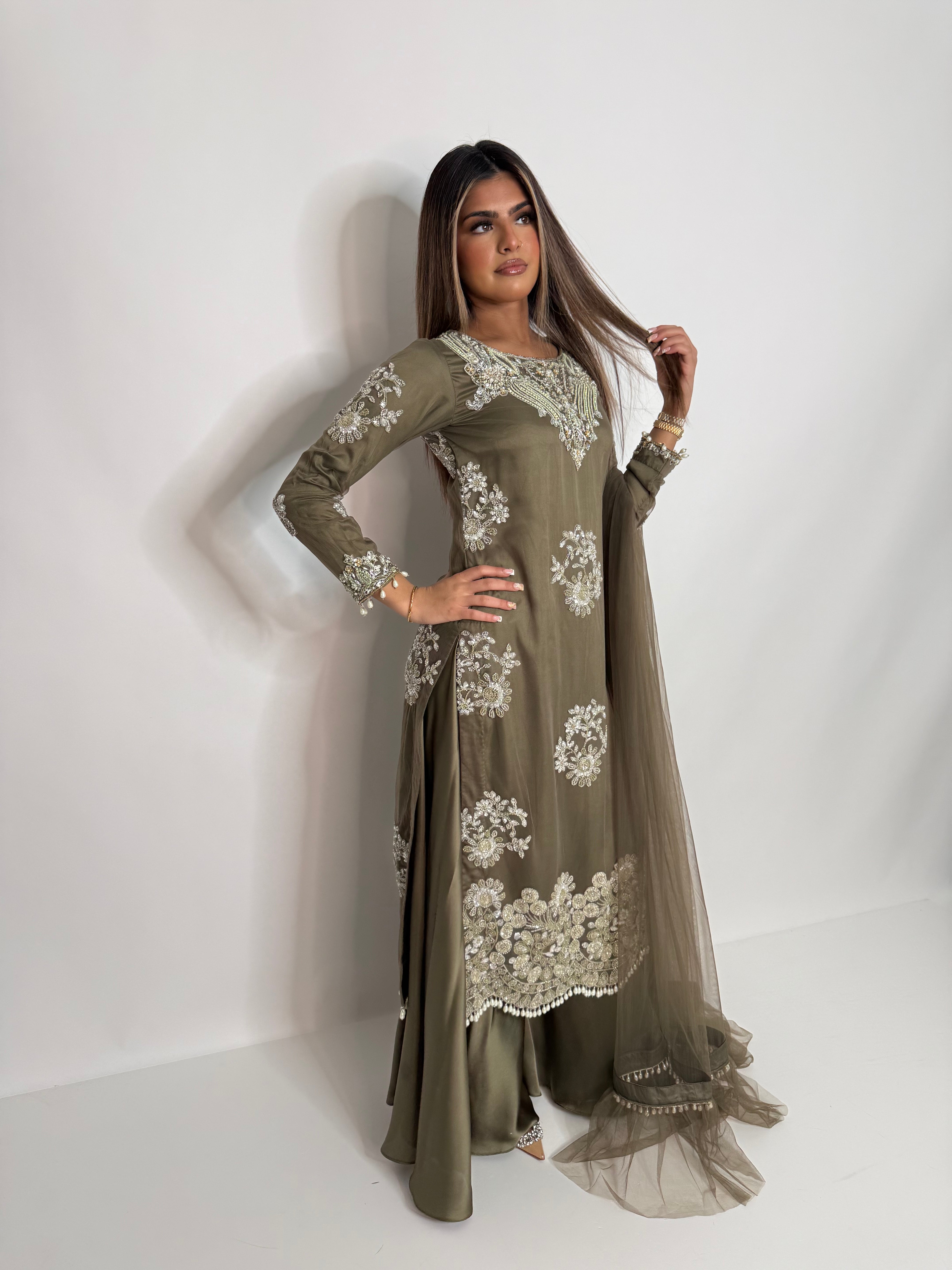 Olive Luxe Embroidered Sharara Suit UK | The Arlisse
