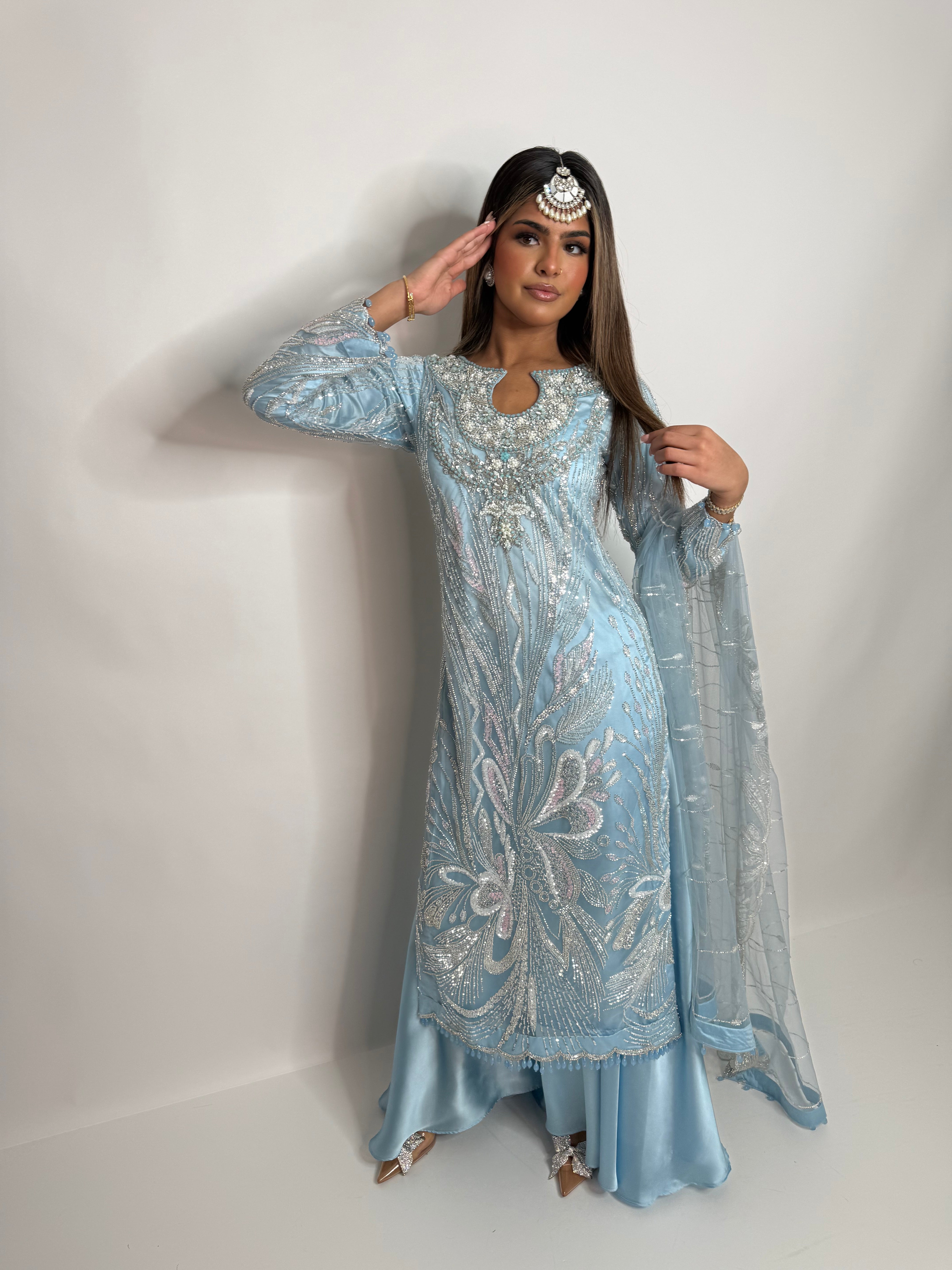 Ice Blue Cutdana Sharara Three Piece Suit UK | The Orlienne