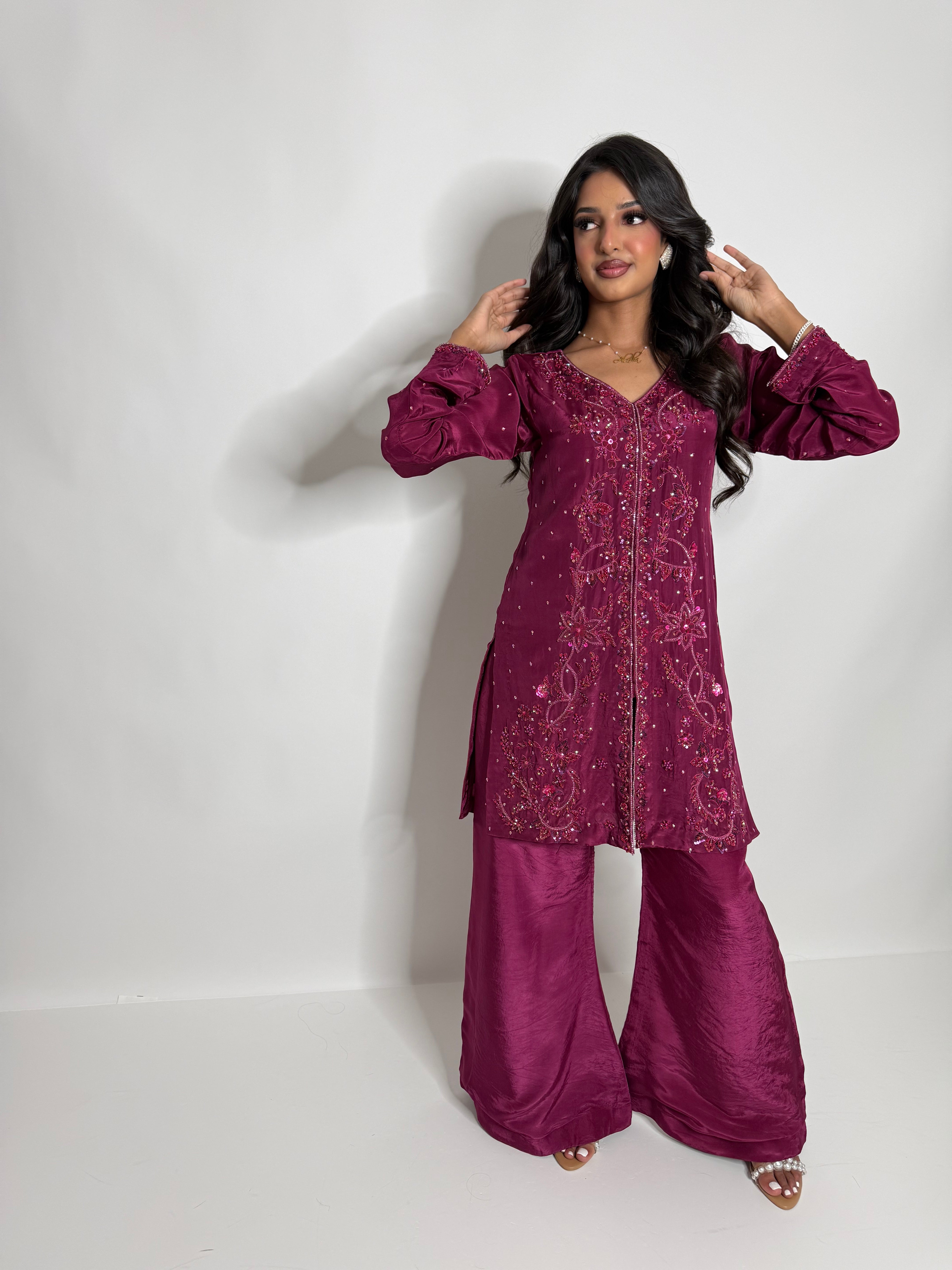 Mahveen | Luxury Pakistani Magenta Silk Sharara Suit UK | Hand Embroidered Wedding Guest & Eid Occasion Wear