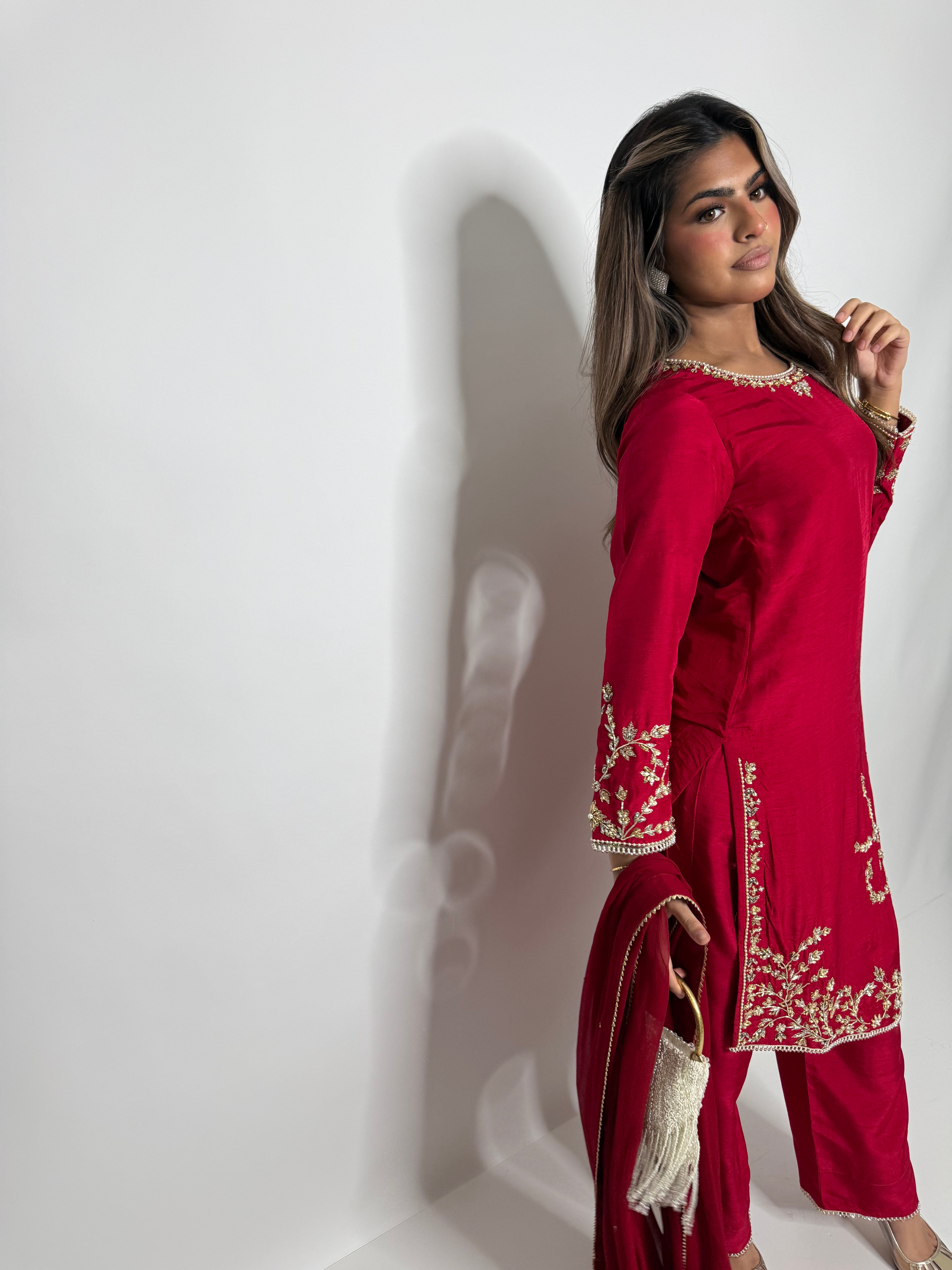 CRIMSON SILK ASYMMETRICAL THREE PIECE SUIT UK | THE SERAPHINA
