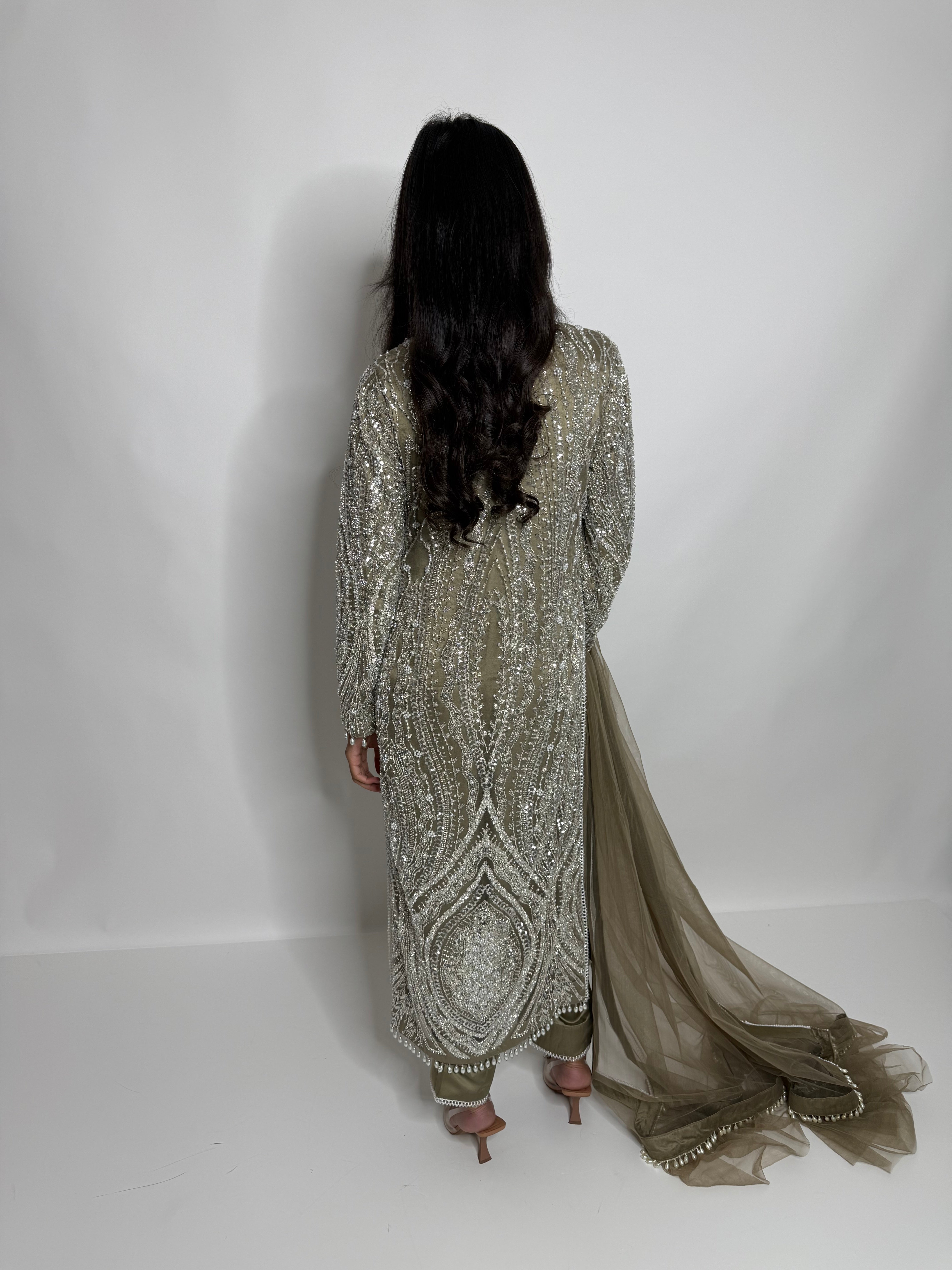 Olive Cutdana Embroidered Three Piece Suit UK | The Celestielle