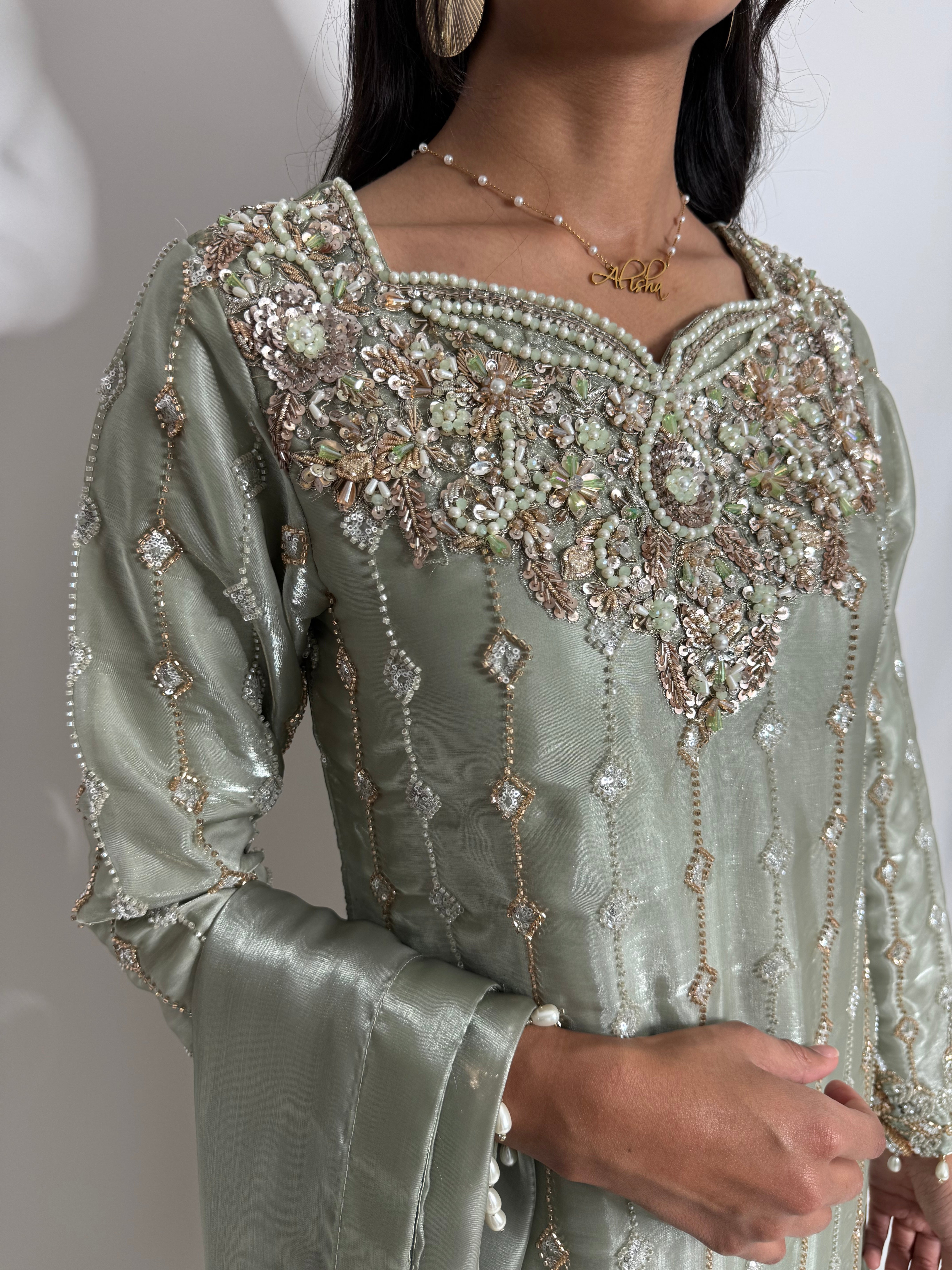 MAHZABIN | Sage Silk Sharara with Cutdana Embroidery