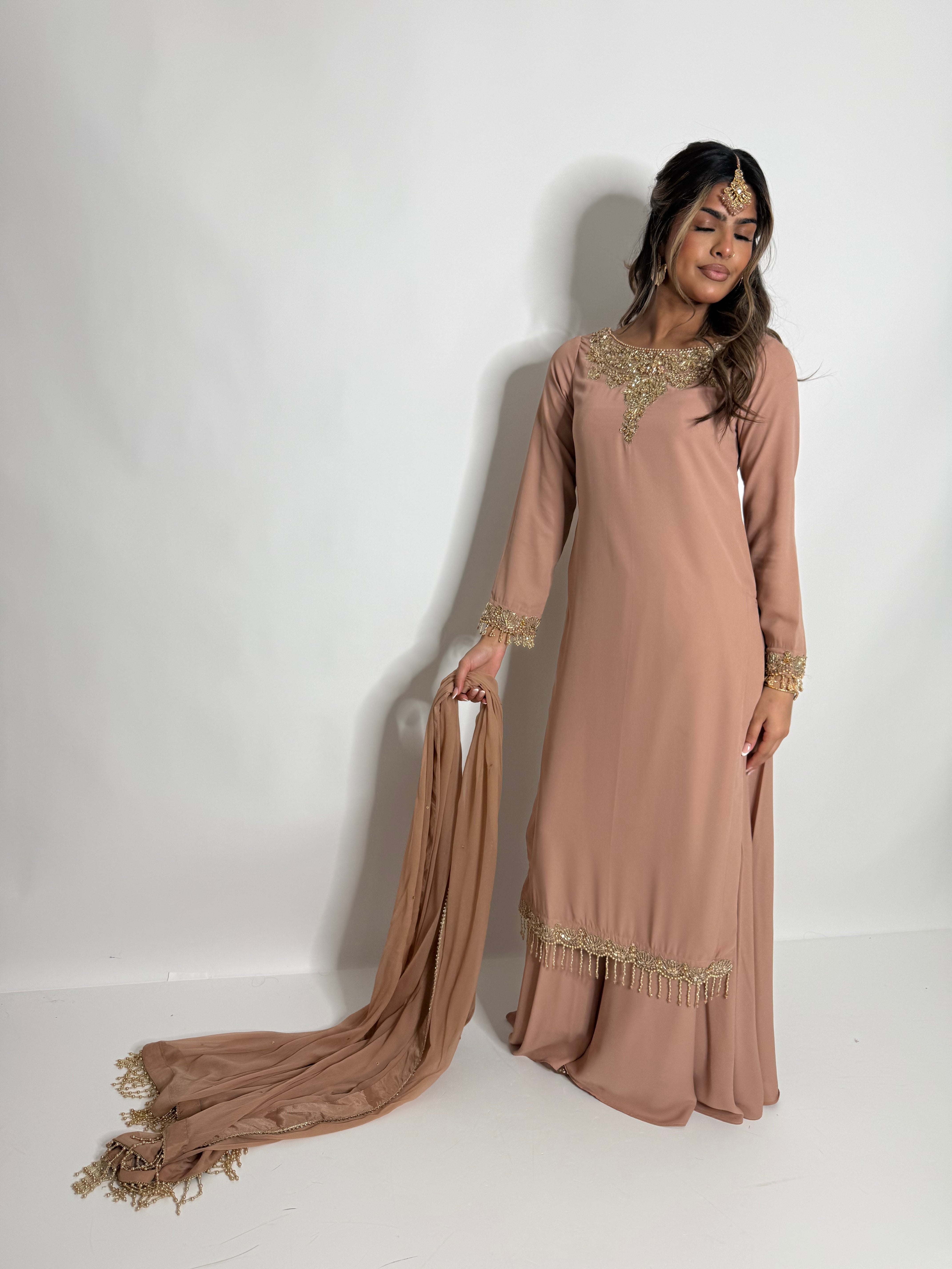NUDE GEORGETTE SHARARA SUIT UK | THE AMAYA LUNE