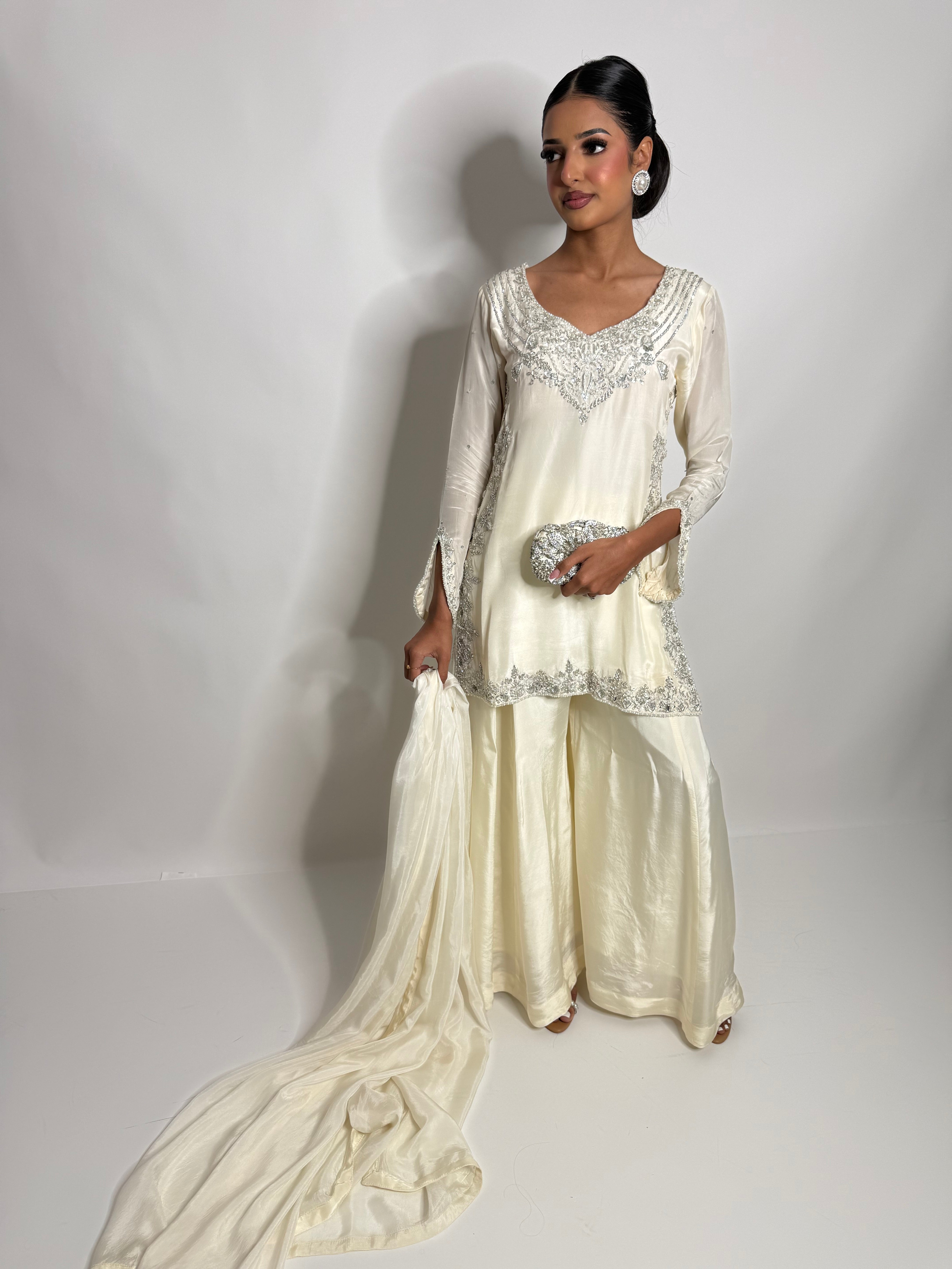 Elira | Luxury Pakistani Ivory Silk Sharara Suit UK | Y2K Wedding Guest Outfit