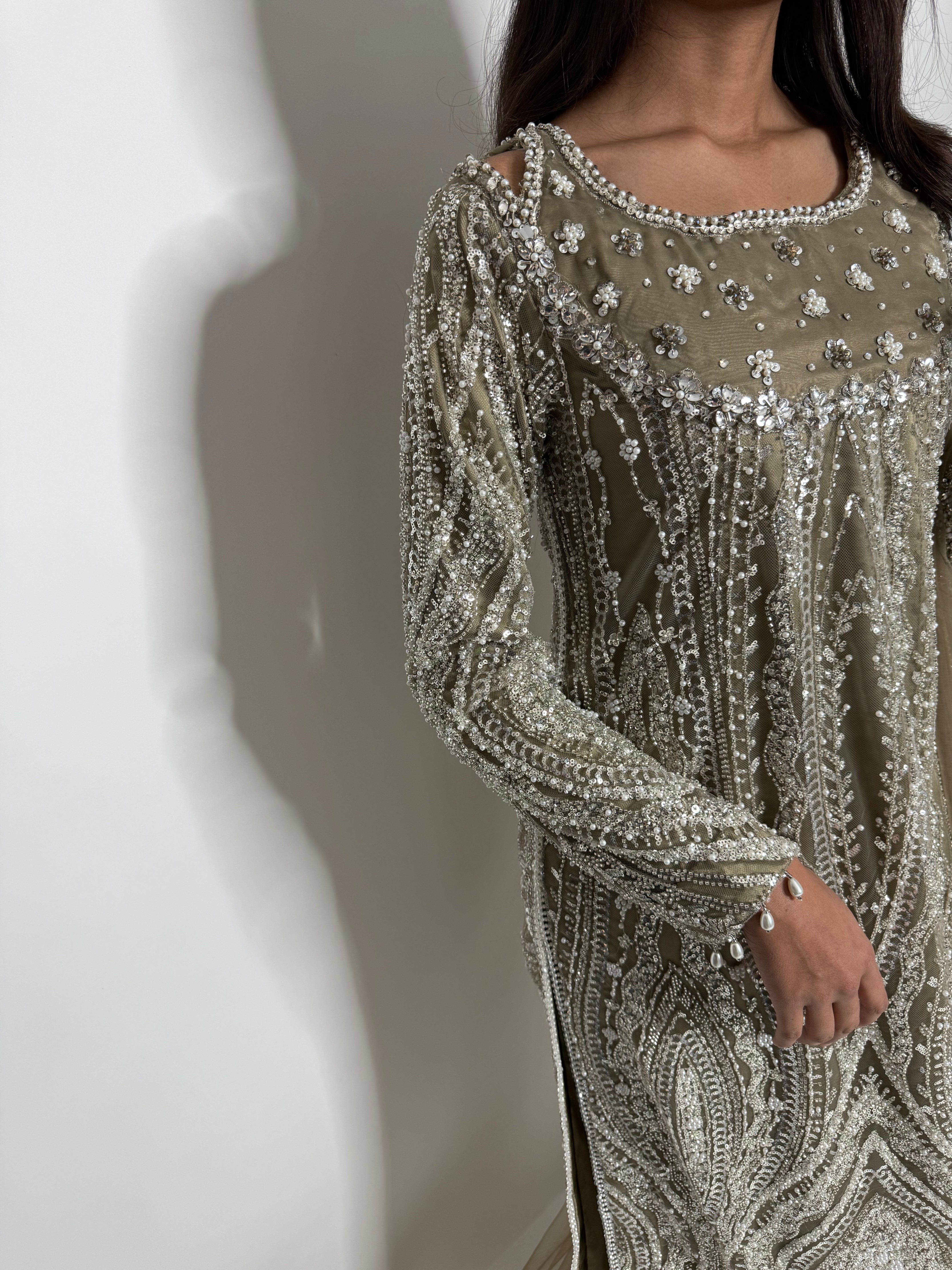 Olive Cutdana Embroidered Three Piece Suit UK | The Celestielle