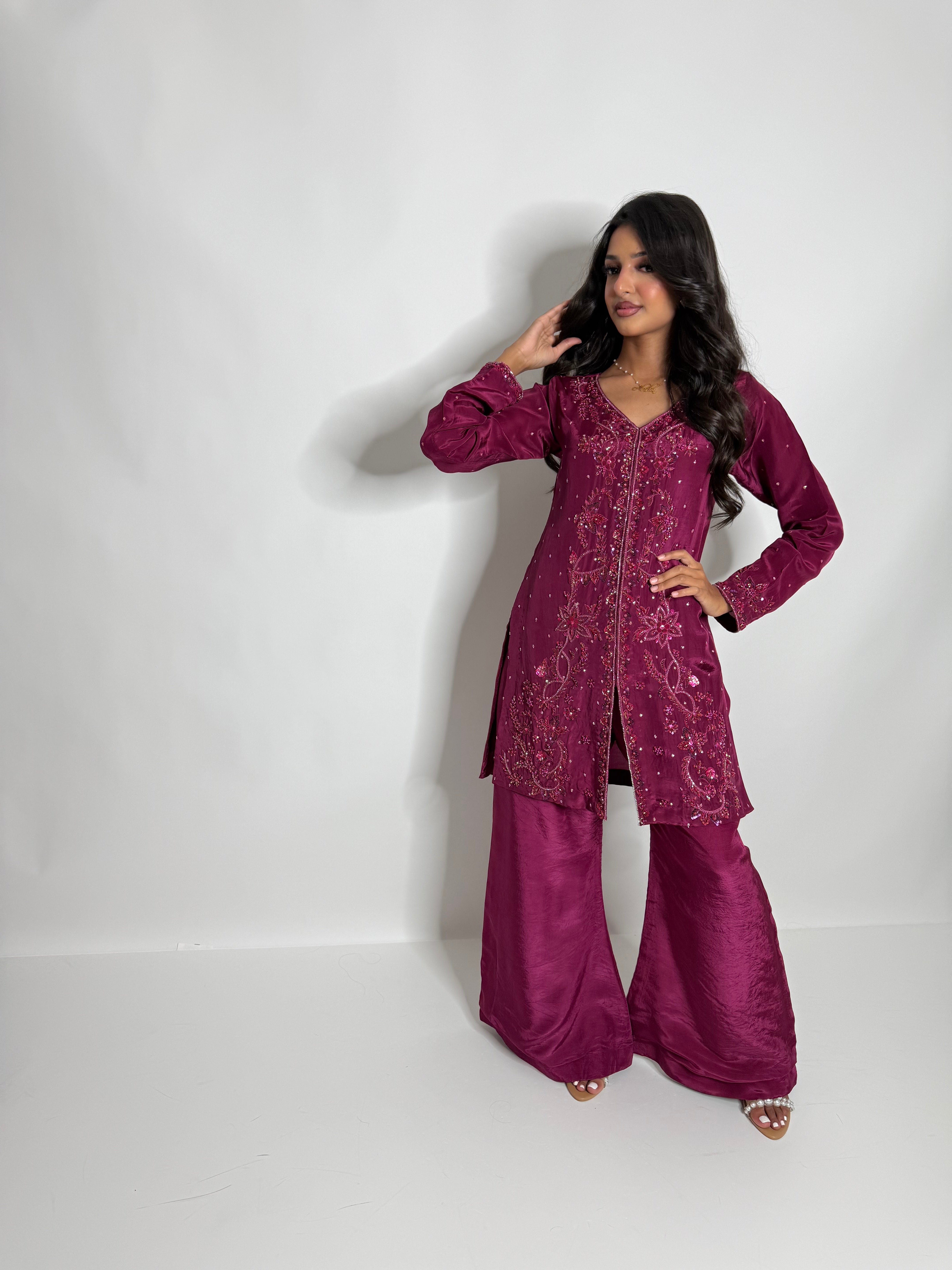 Mahveen | Luxury Pakistani Magenta Silk Sharara Suit UK | Hand Embroidered Wedding Guest & Eid Occasion Wear