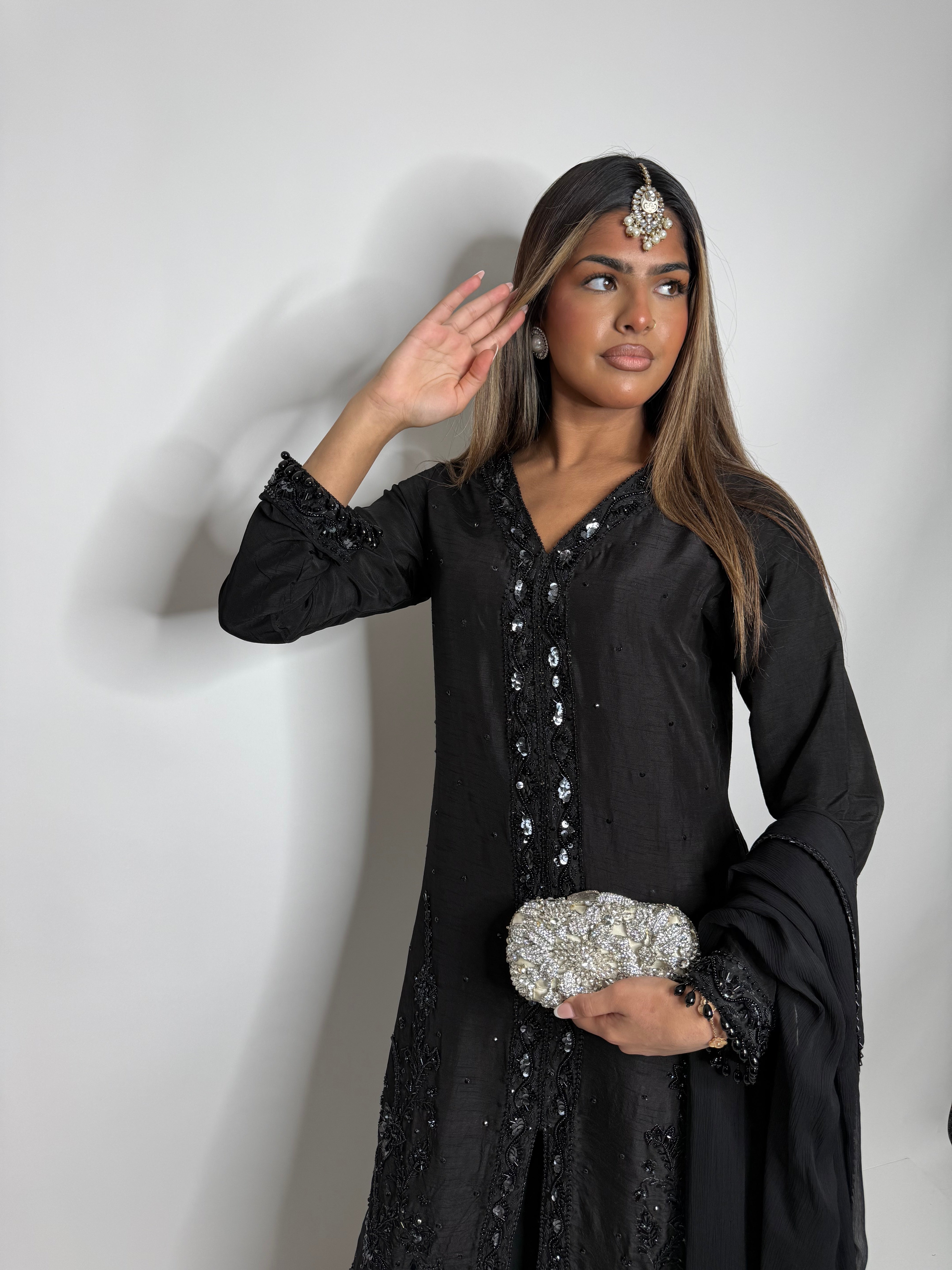 BLACK EMBELLISHED CHIFFON SHARARA THREE PIECE SUIT UK | THE NOIRÉLLE