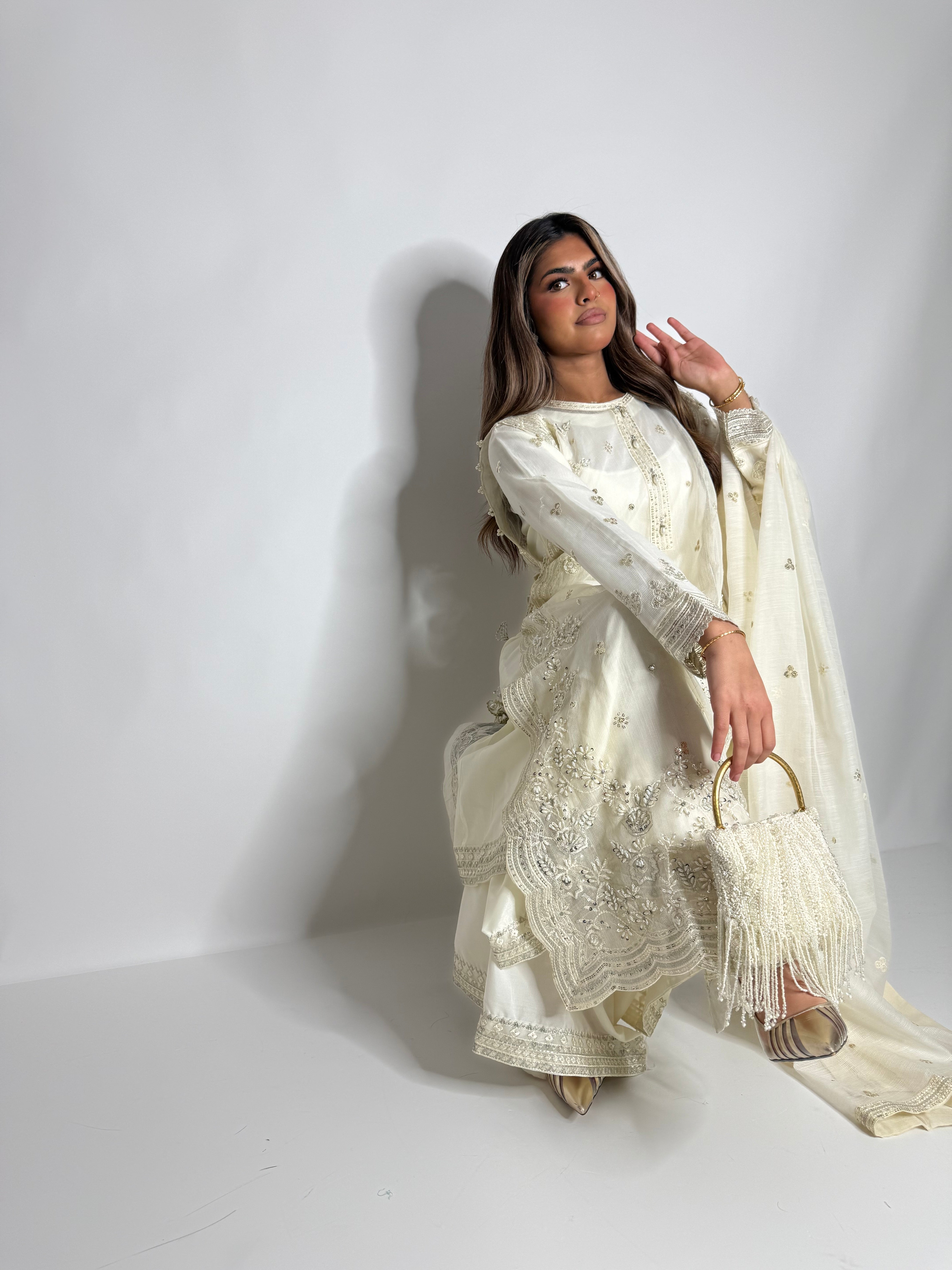 IVORY KHADI NET EMBROIDERED THREE PIECE SUIT UK | THE LYSANDRA