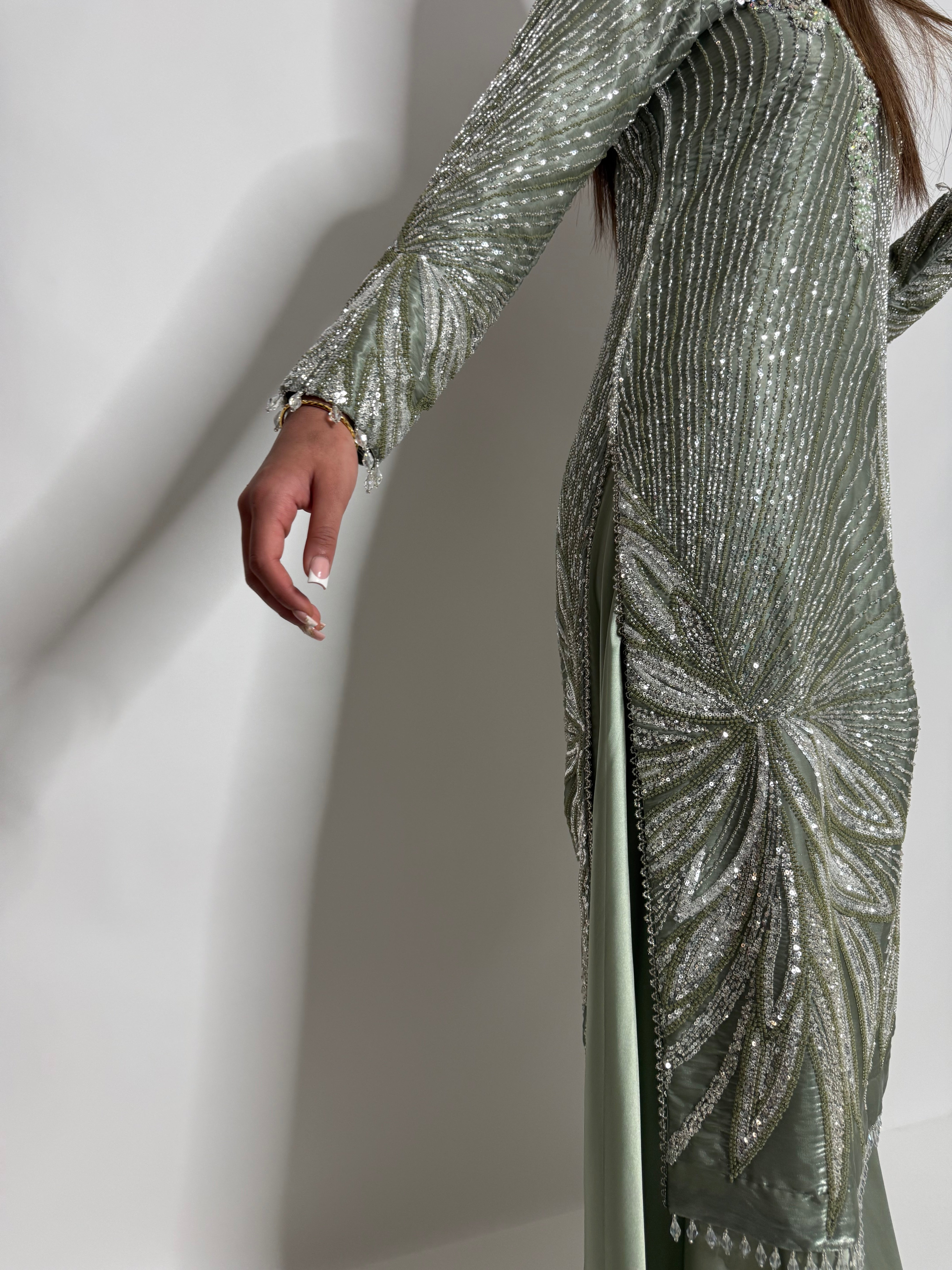 Sage Green Cutdana Silk Sharara Suit UK | The Maelis