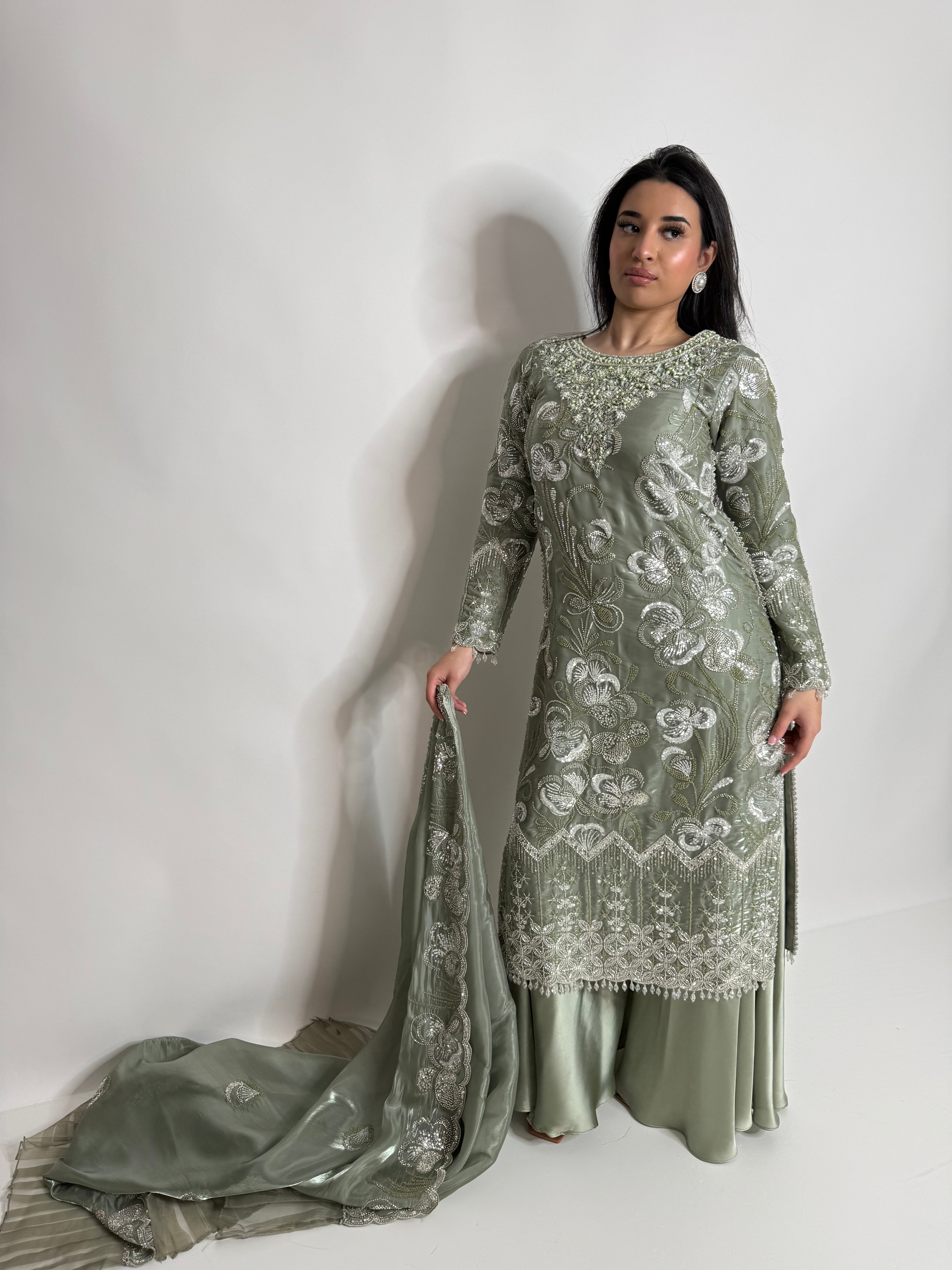 SAGE GREEN SILK CUTDANA THREE PIECE SUIT UK | THE LYSENNE