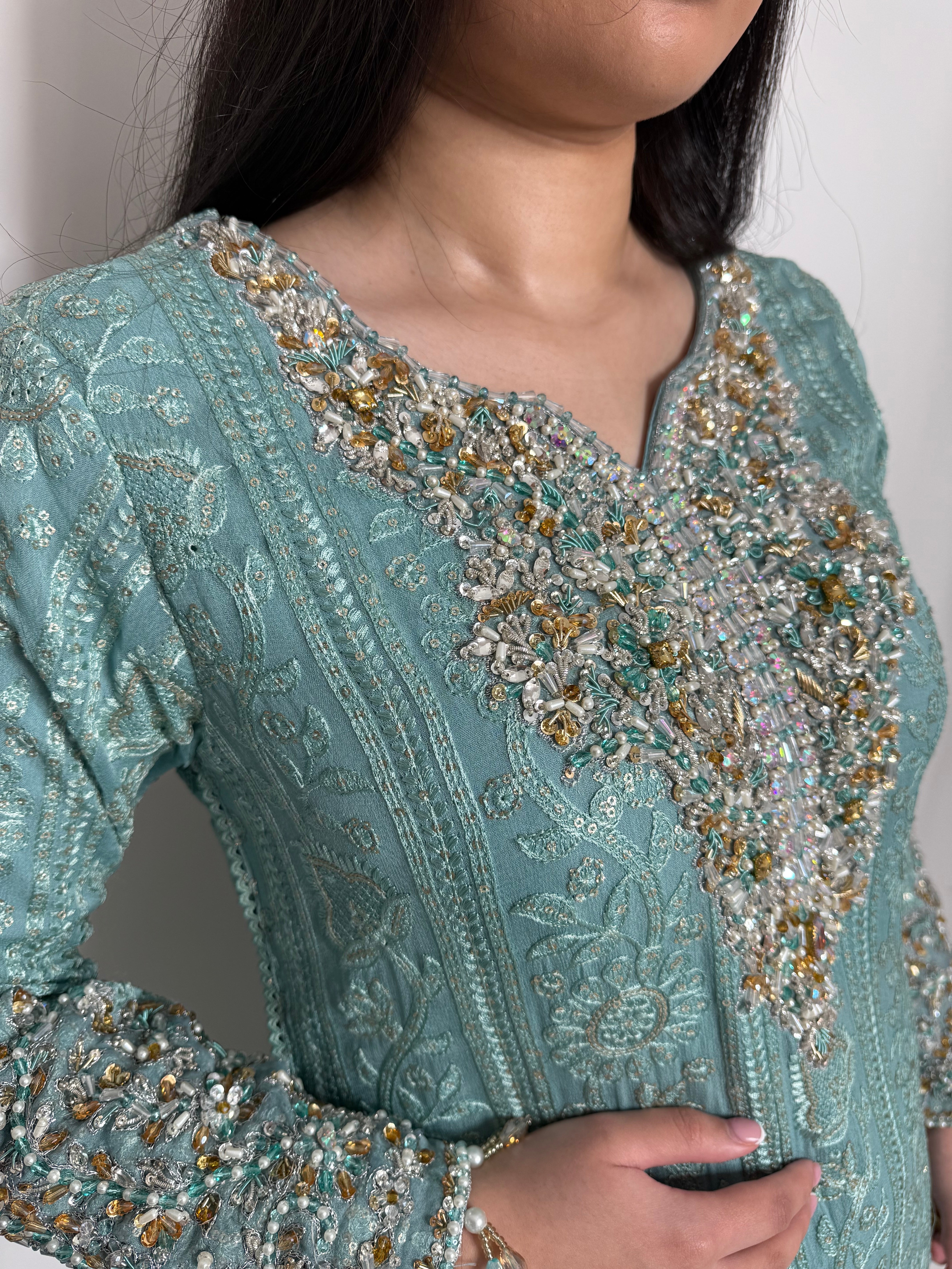 MINT GREEN CHIKANKARI SHARARA THREE PIECE SUIT UK | THE AZMIRA