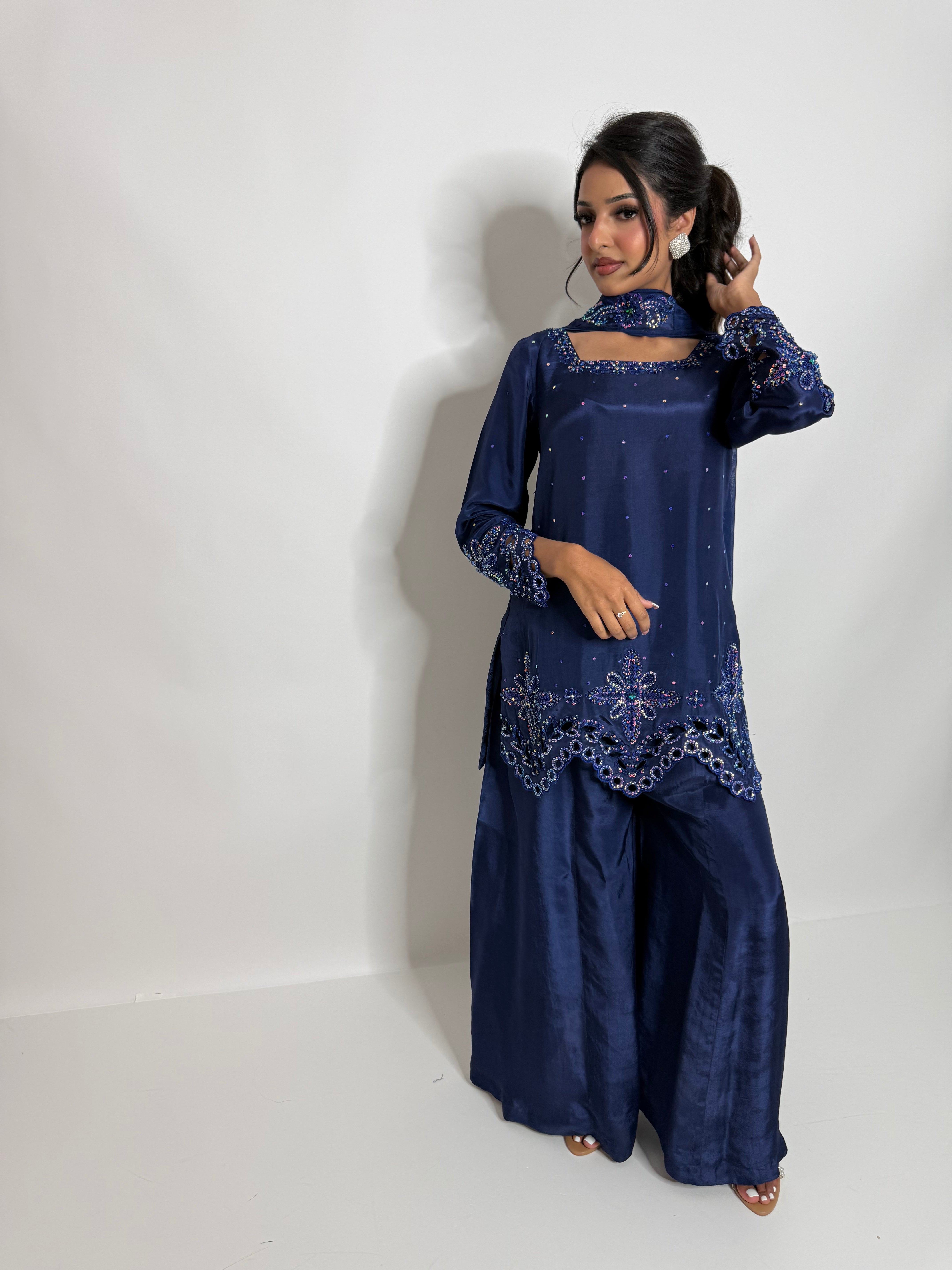 ZARMINA | Luxury Pakistani Navy Silk Sharara Suit UK | Wedding Guest, Eid & Formal Occasion Wear