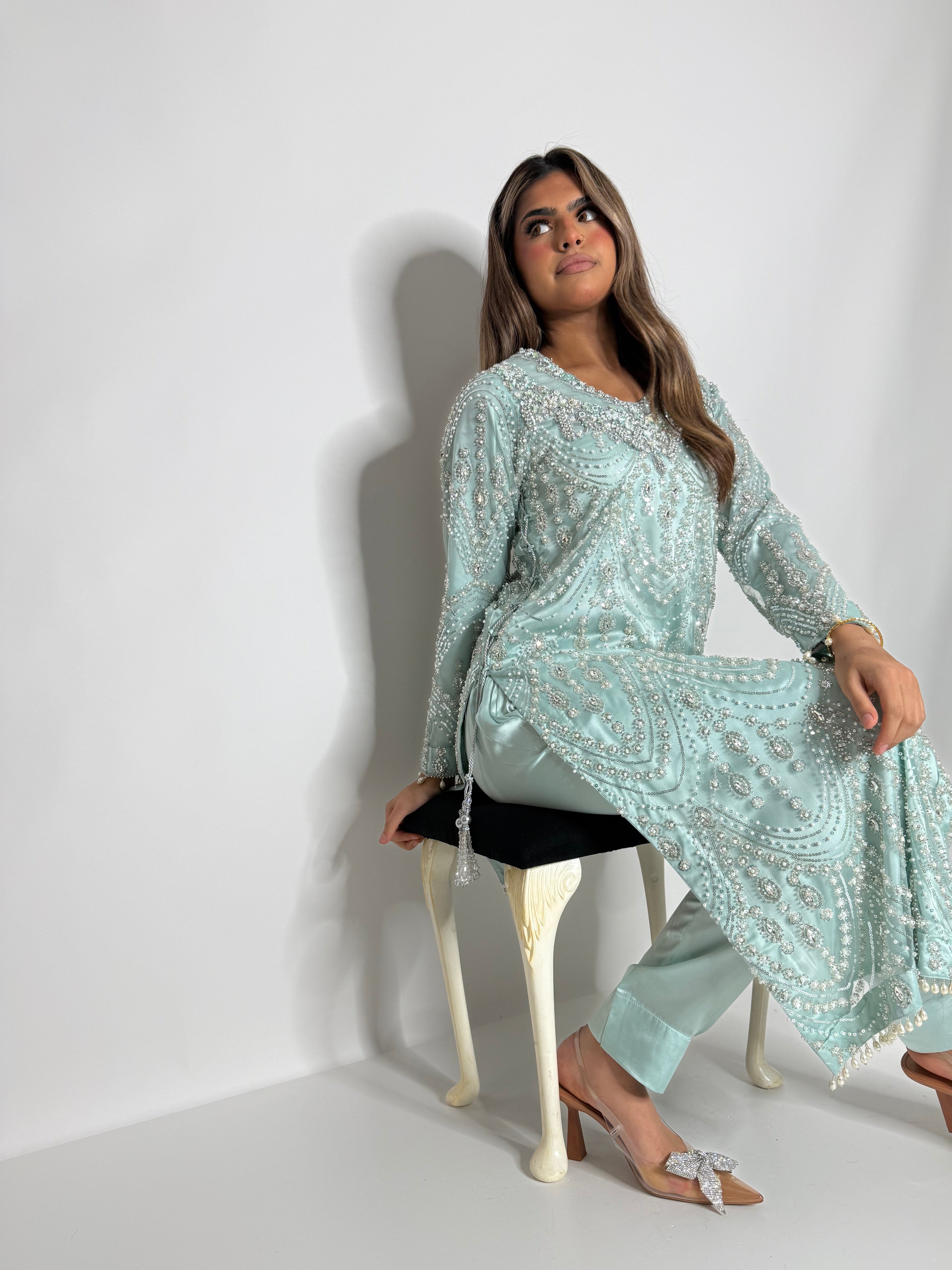 Celadon Cutdana Three Piece Suit UK | The Ismeria