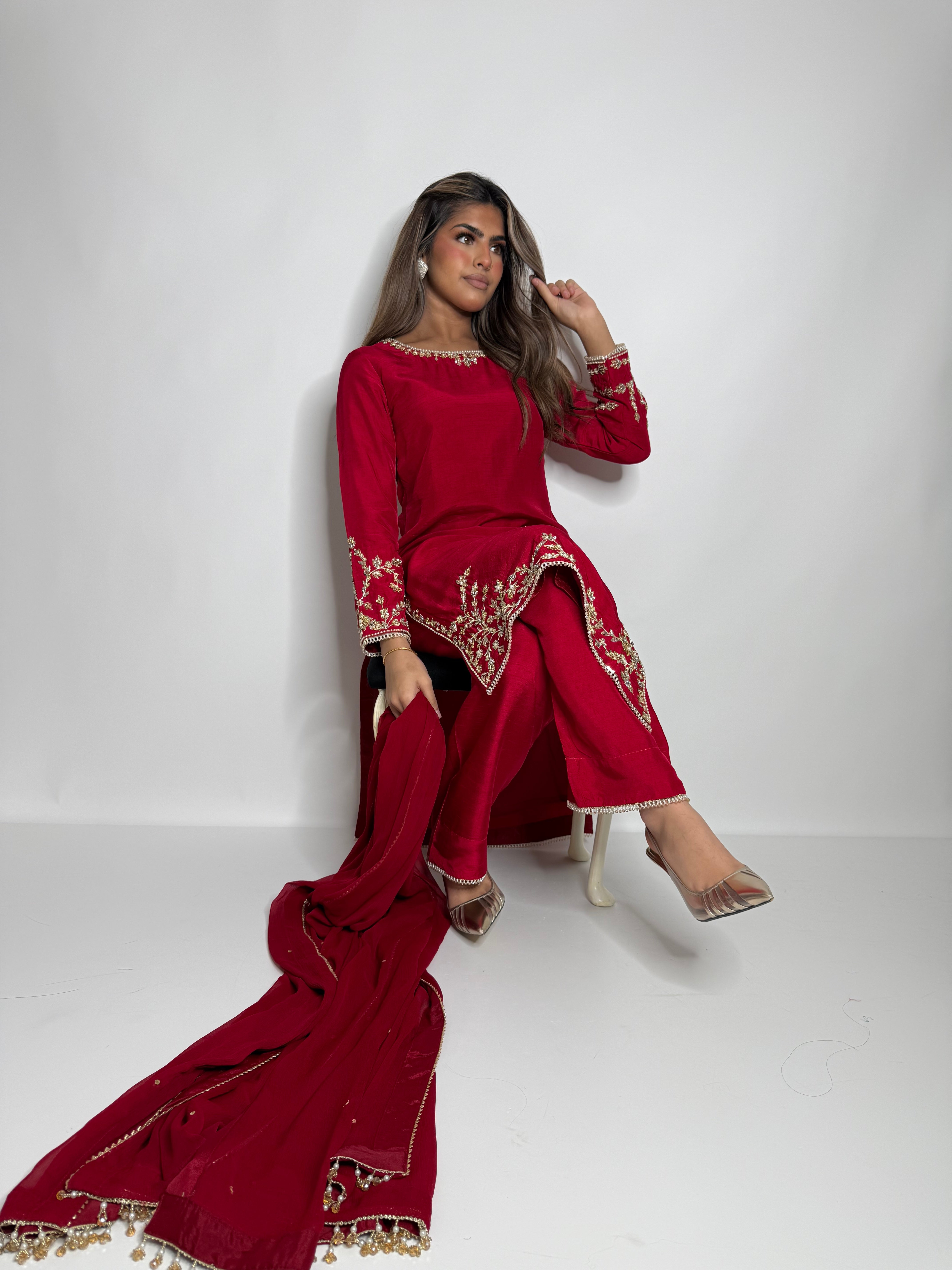 CRIMSON SILK ASYMMETRICAL THREE PIECE SUIT UK | THE SERAPHINA