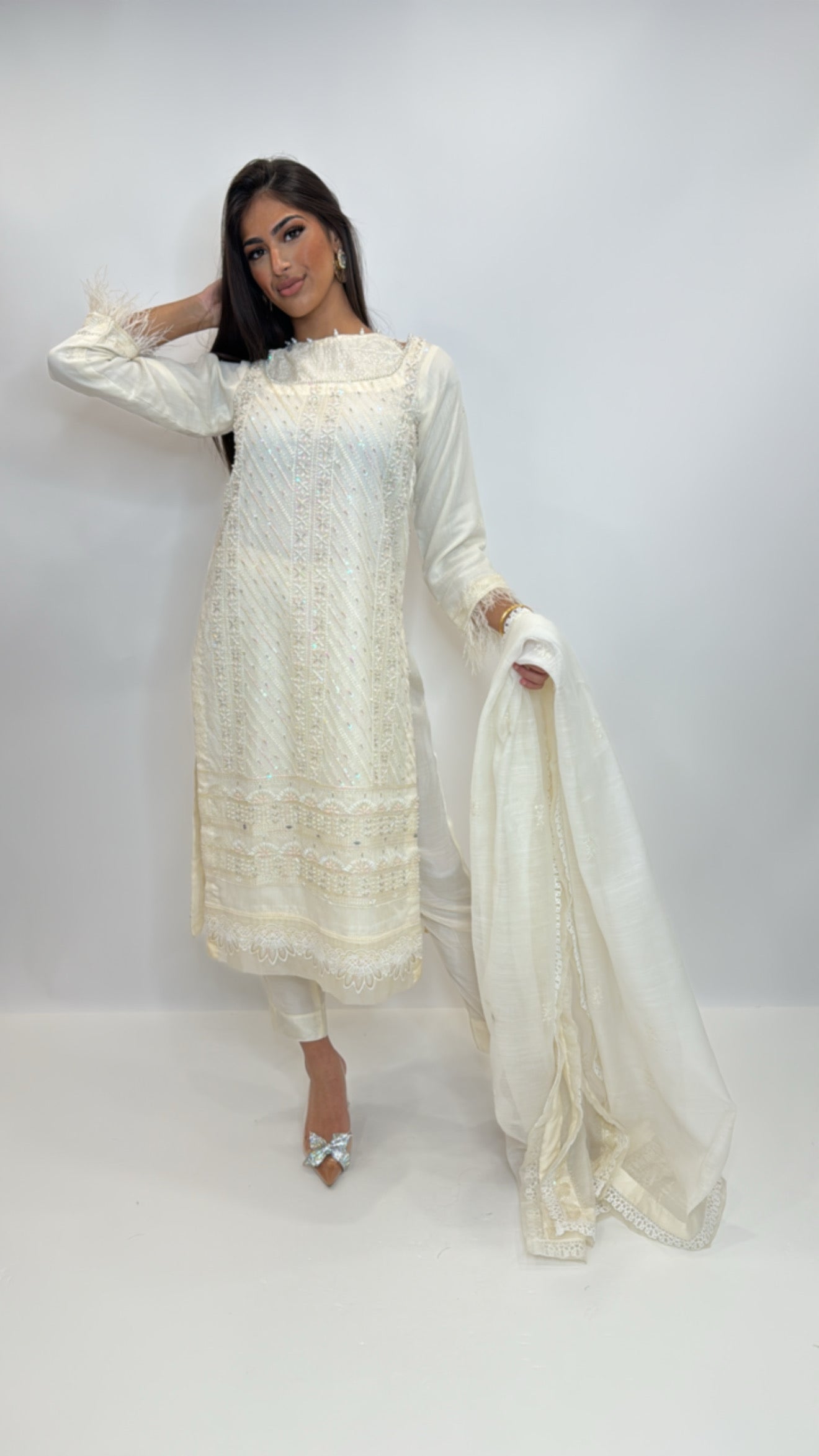 Elara Ivory | Embroidered Feather Cuff Kameez Set (3 Piece)