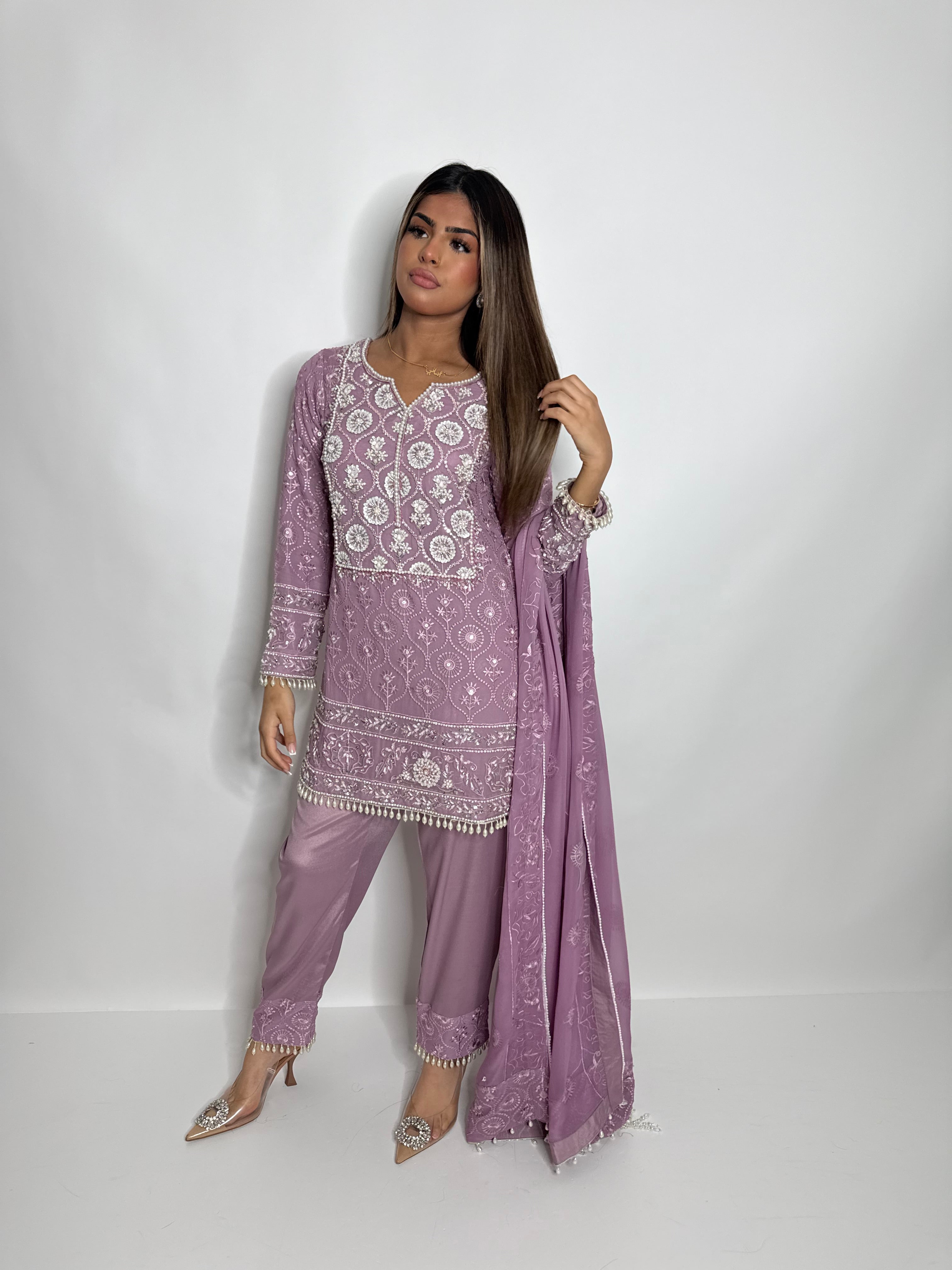 AYZEL | LUXURY PAKISTANI DUSTY MAUVE HAND EMBROIDERED 3 PIECE SUIT UK | WEDDING GUEST, EID & PARTY WEAR