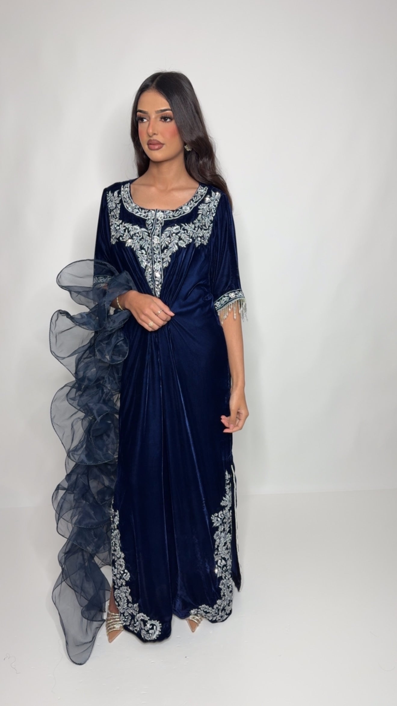 Navy Micro Velvet Kaftan Three-Piece Suit UK | THE AZURÉLLE