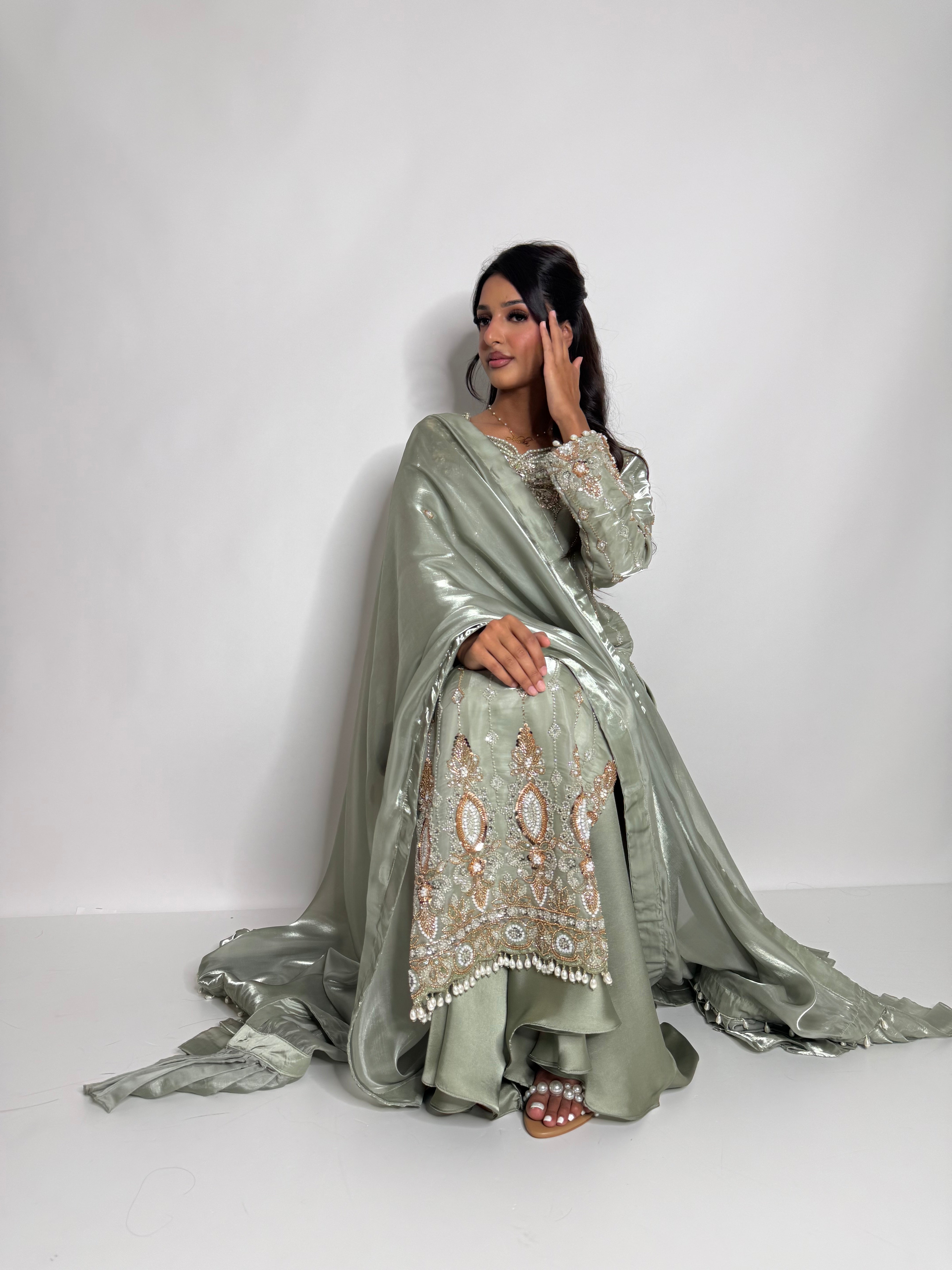 MAHZABIN | Sage Silk Sharara with Cutdana Embroidery