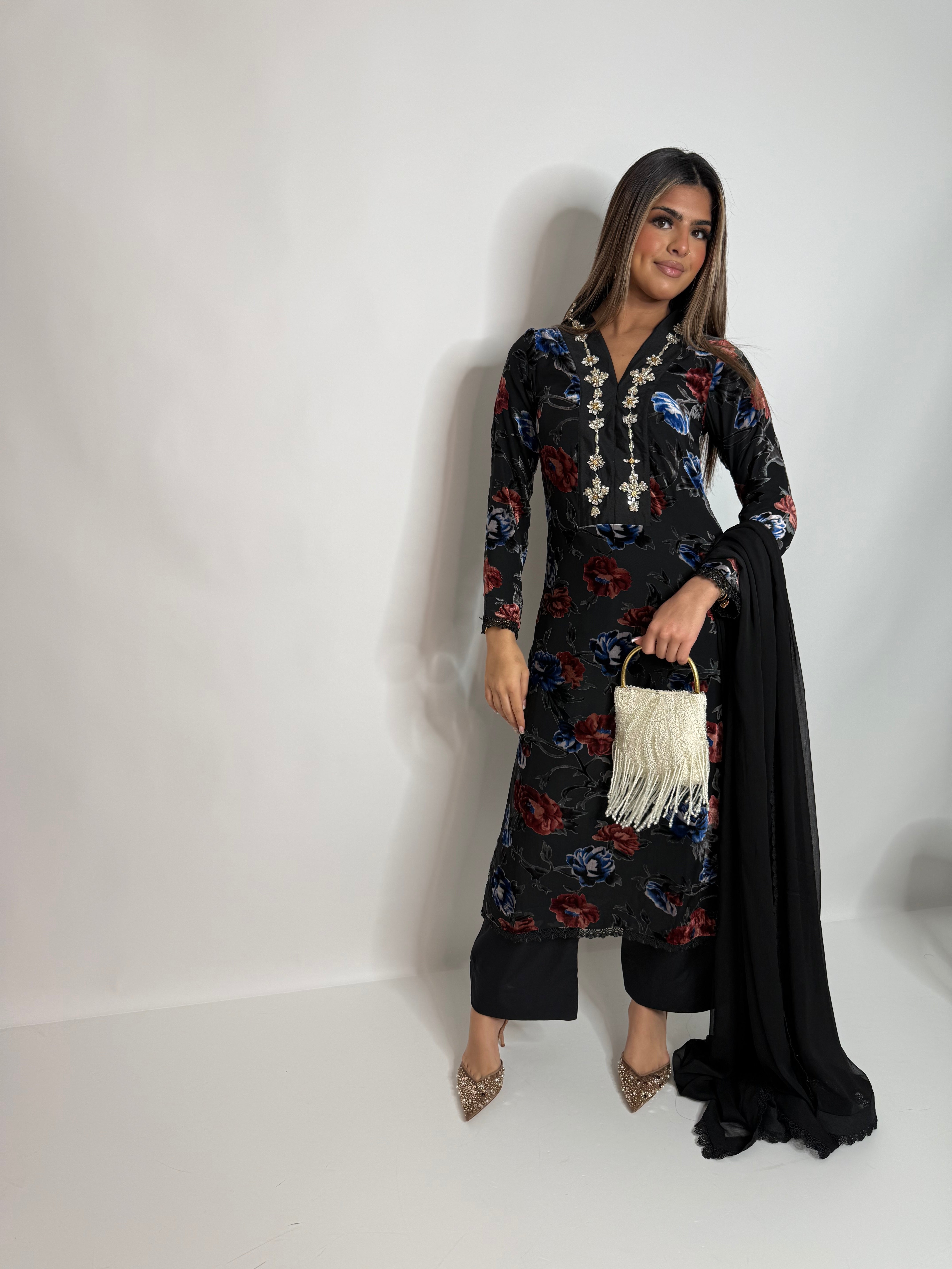 Black Floral Palachi Three Piece Suit UK | The Calvienne