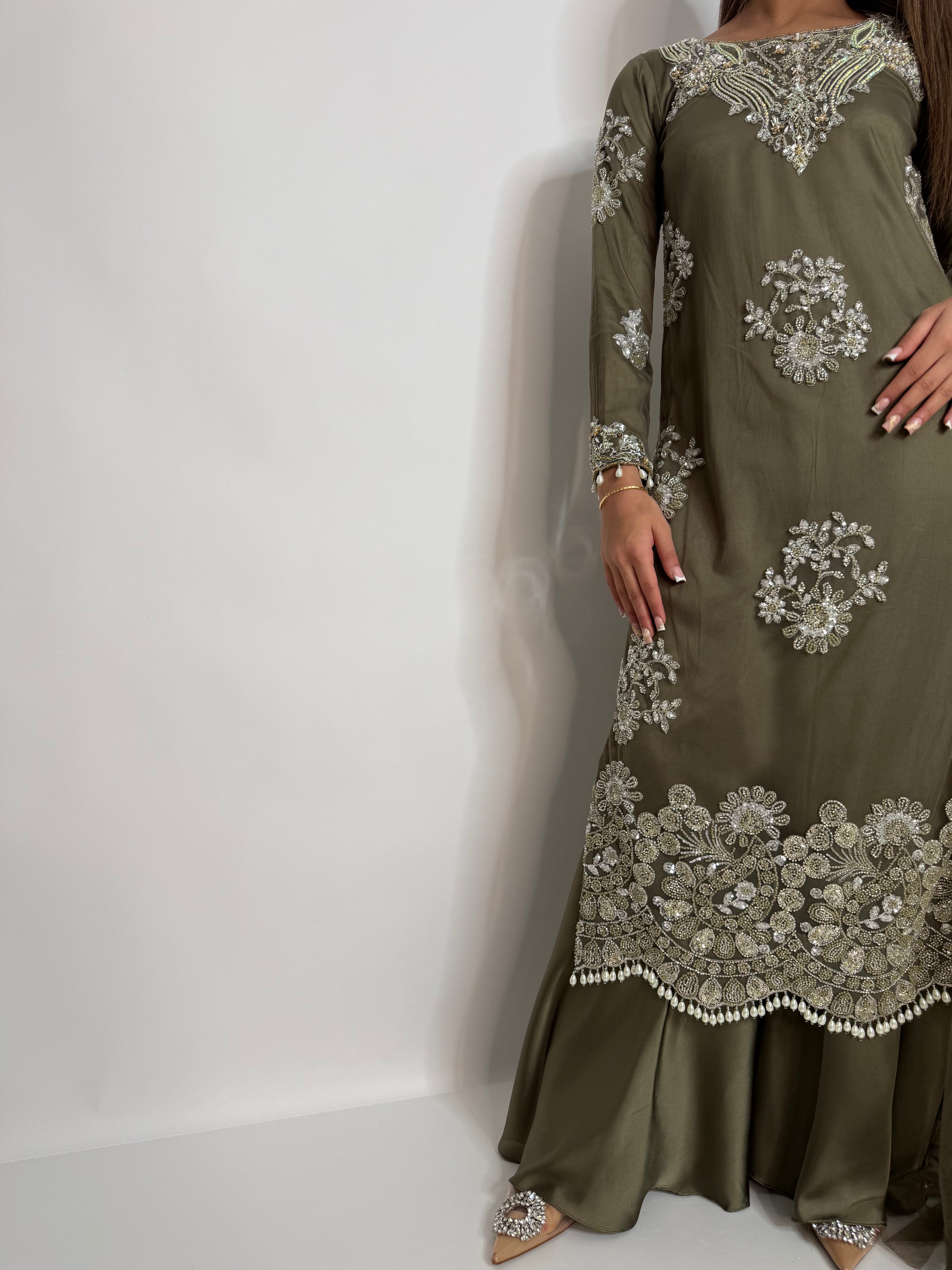 Olive Luxe Embroidered Sharara Suit UK | The Arlisse