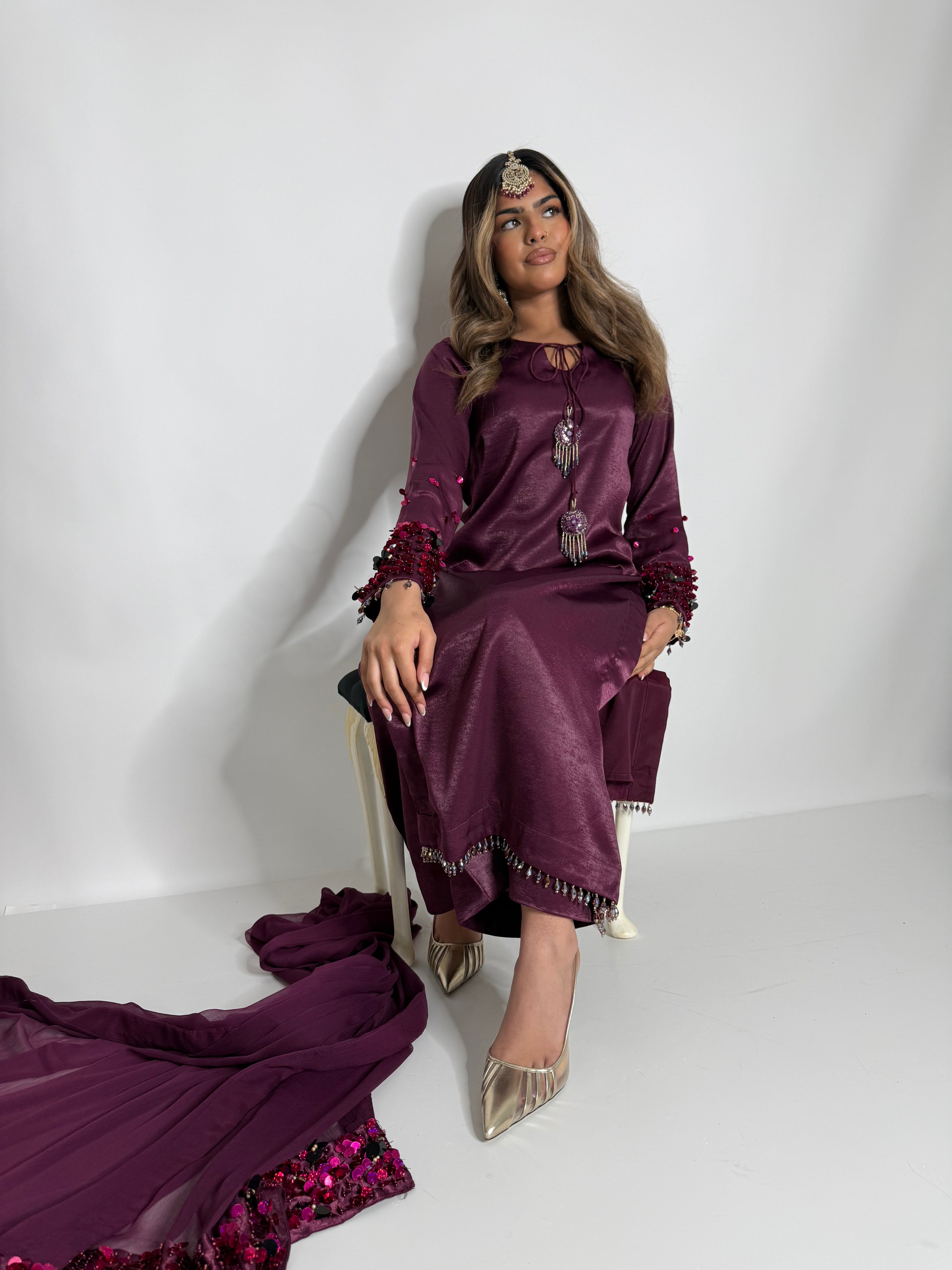 PLUM SILK THREE PIECE SUIT UK | THE MAHIRA VÉLOUR