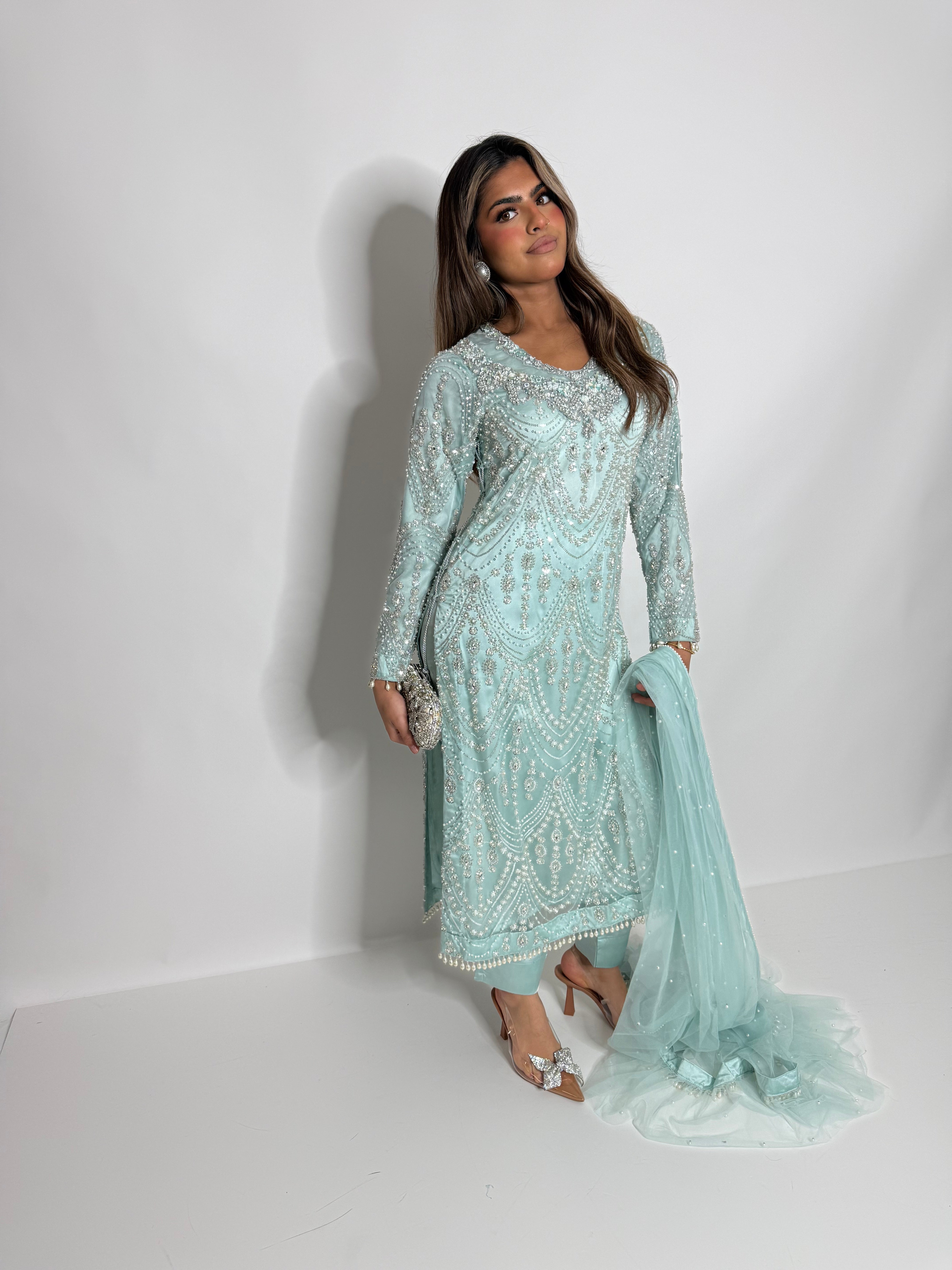Celadon Cutdana Three Piece Suit UK | The Ismeria