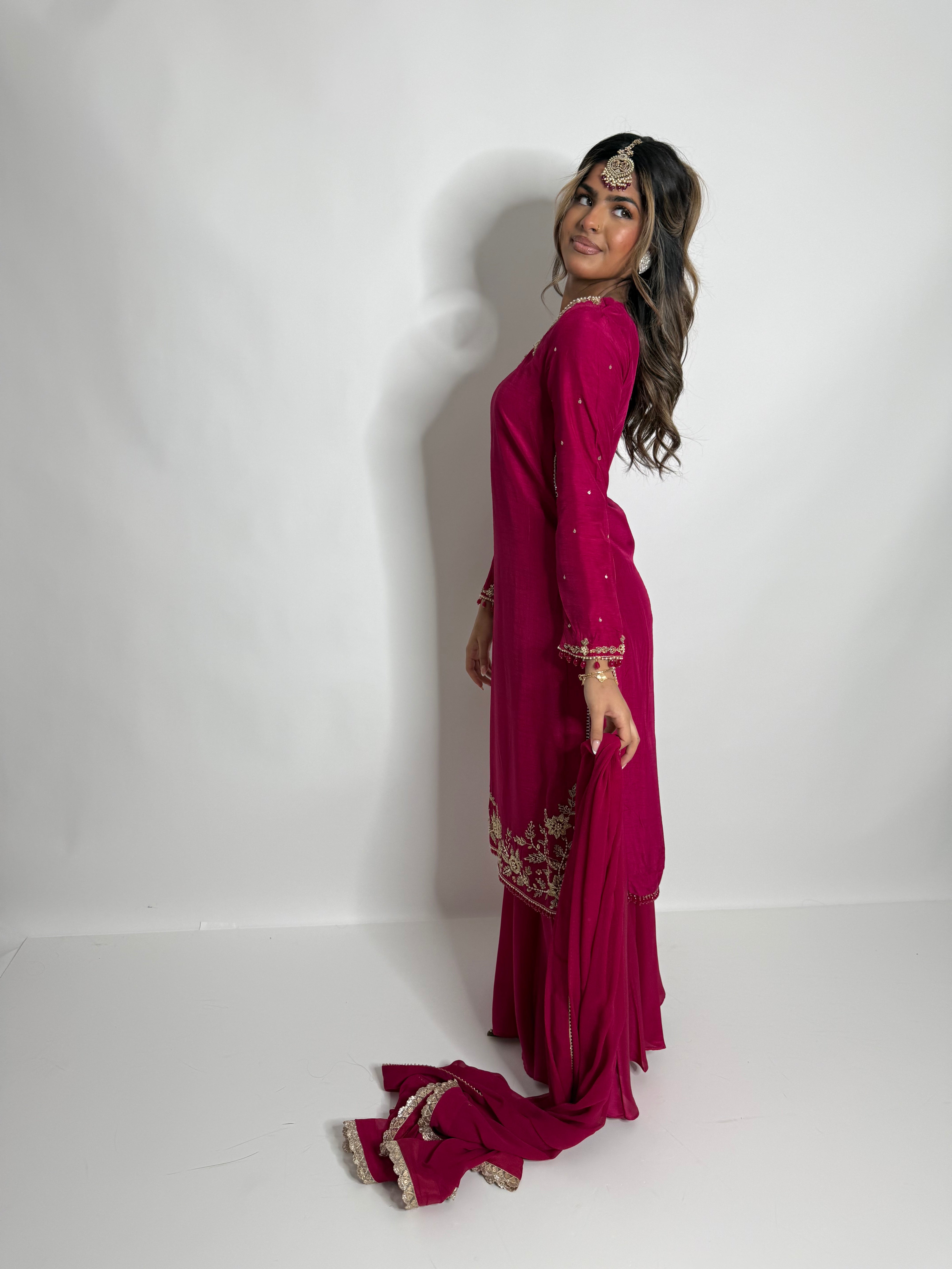 HOT PINK RAW SILK SHARARA SUIT UK | THE ZEPHYRA ROSE